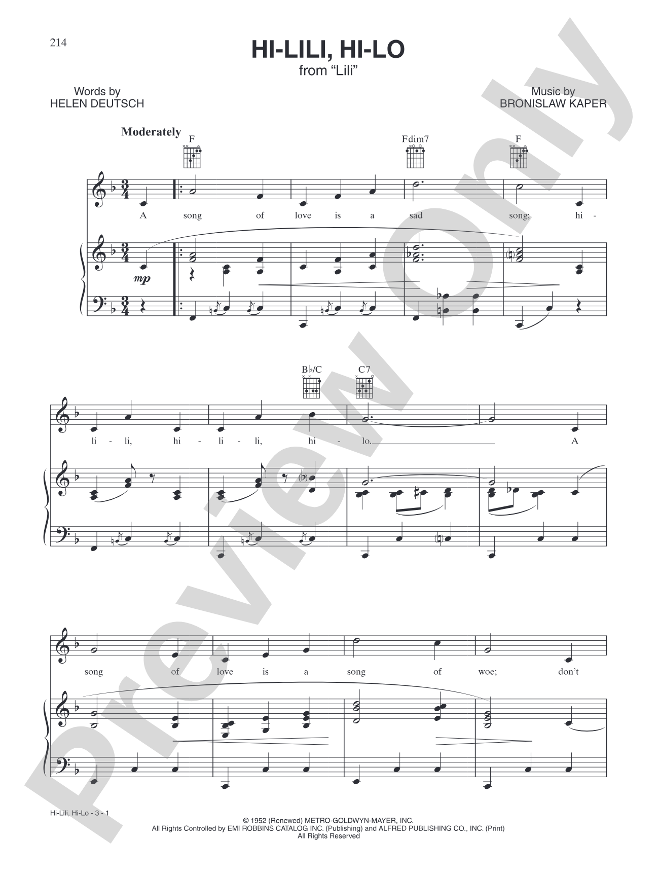 Hi-Lili Hi-Lo (from "Lili"): Piano/Vocal/Chords