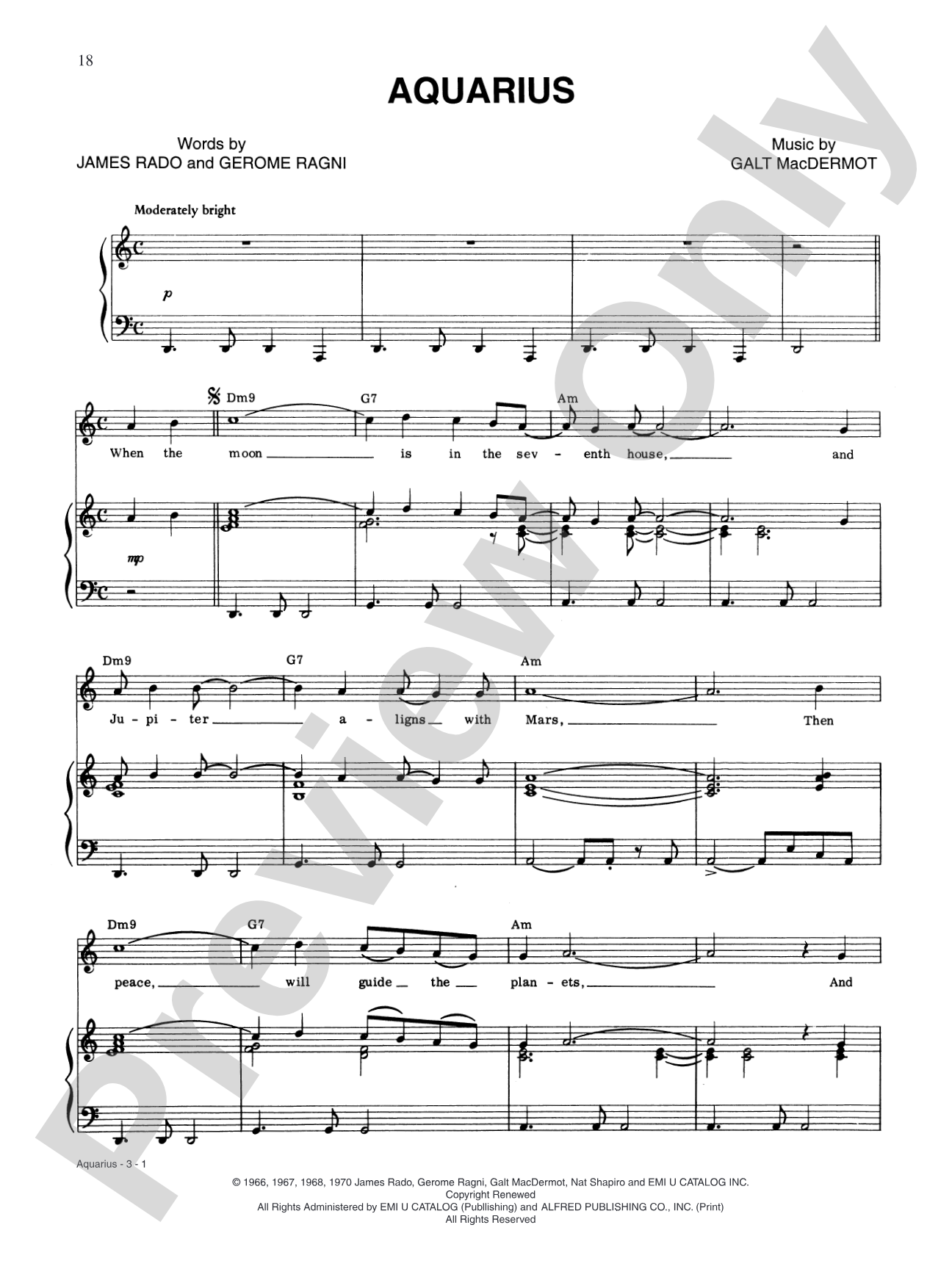 Aquarius (from "Hair"): Piano/Vocal/Chords