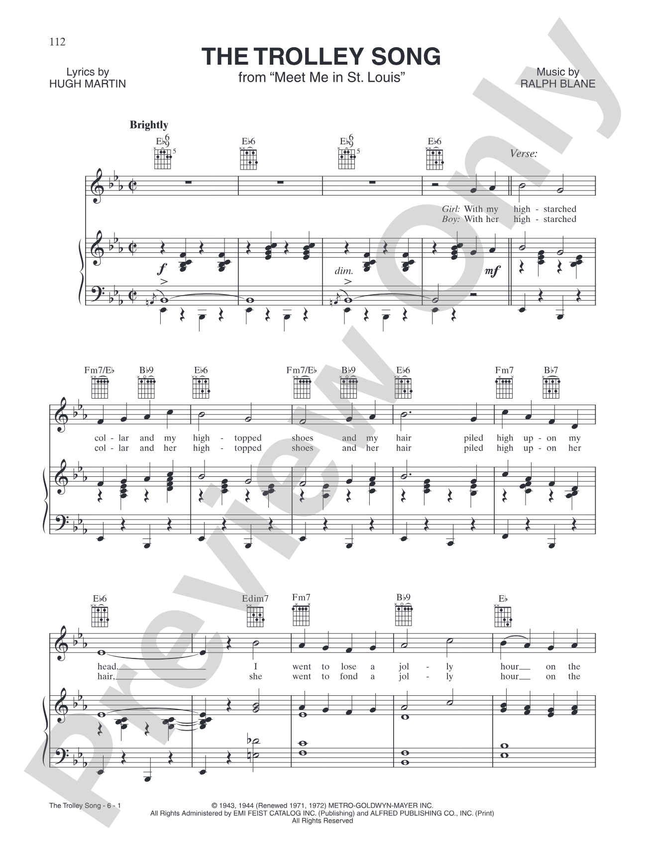 The Trolley Song (from "Meet Me in St. Louis"): Piano/Vocal/Chords