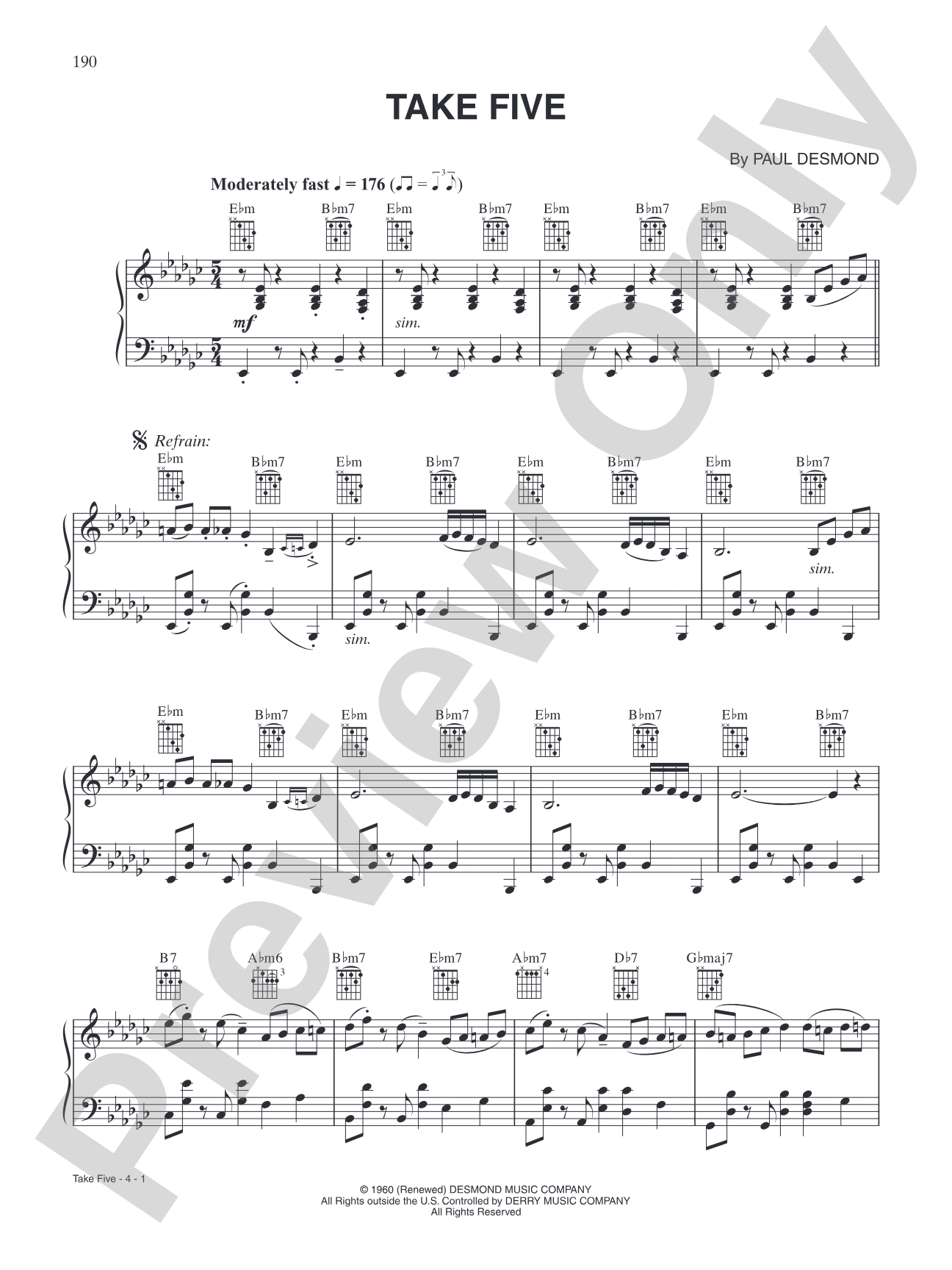 Take Five: Piano/Vocal/Chords