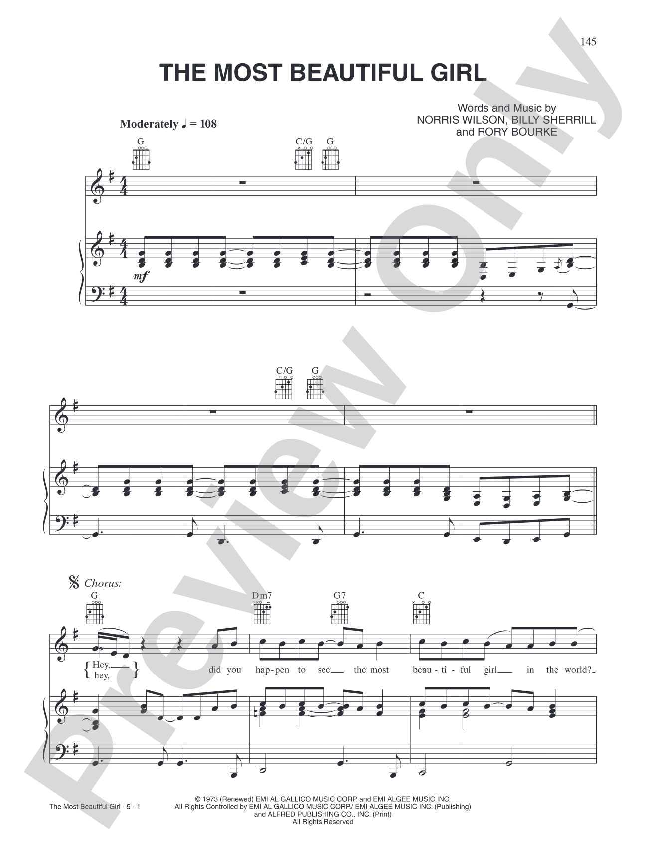 The Most Beautiful Girl: Piano/Vocal/Chords