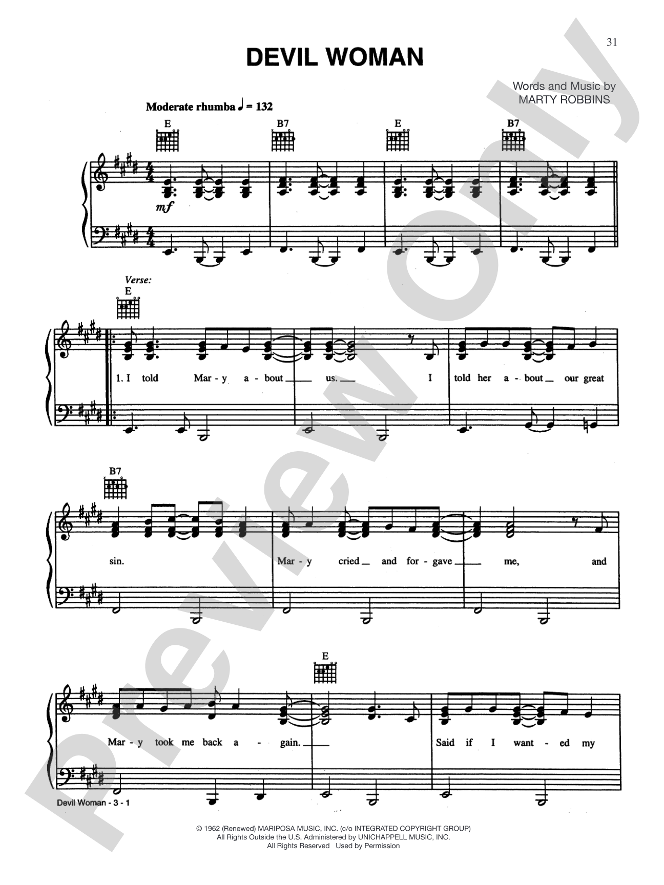 Devil Woman: Piano/Vocal/Chords
