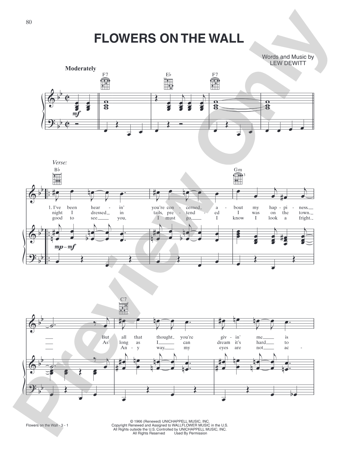 Flowers on the Wall: Piano/Vocal/Chords