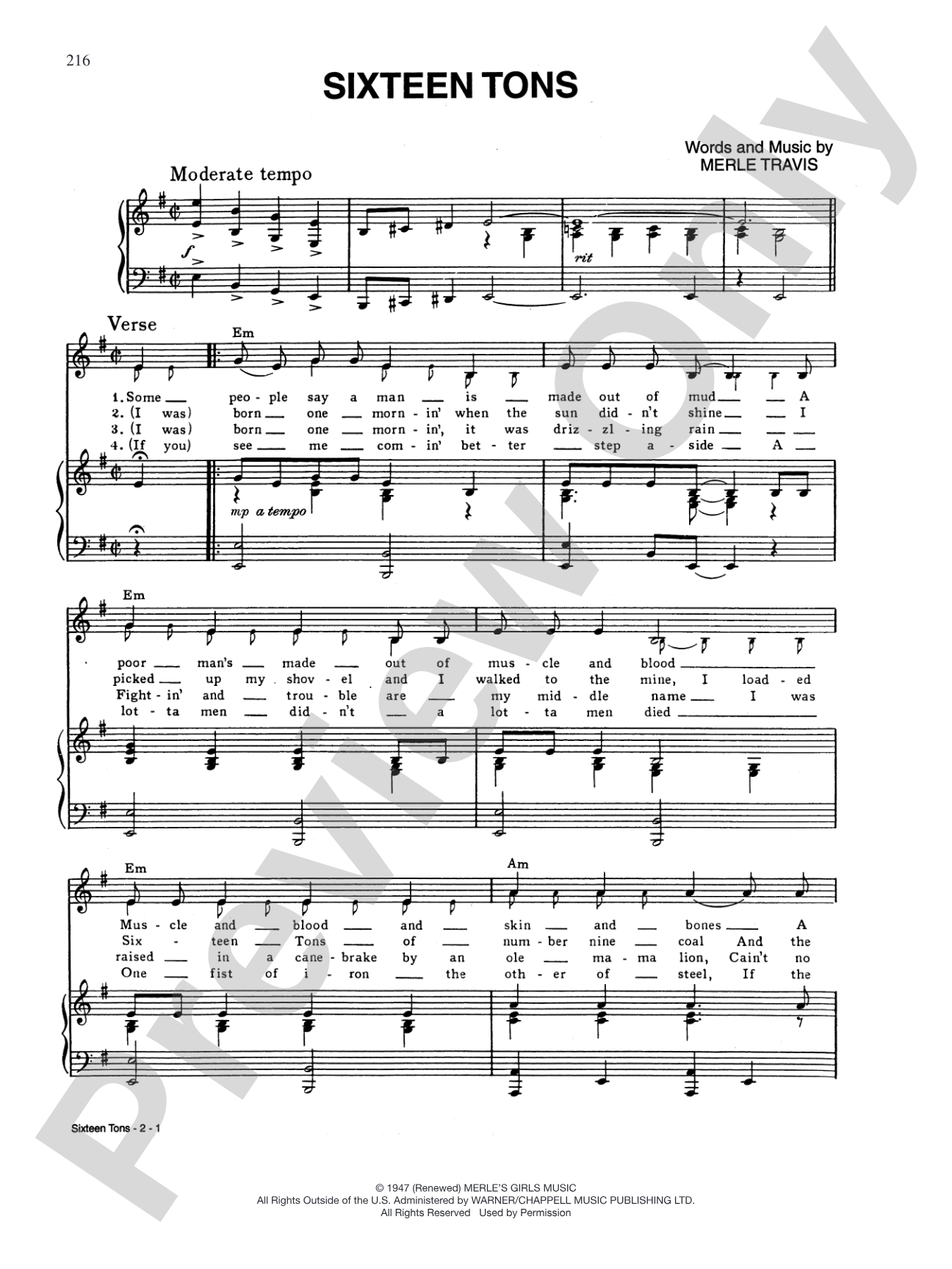 Sixteen Tons: Piano/Vocal/Chords