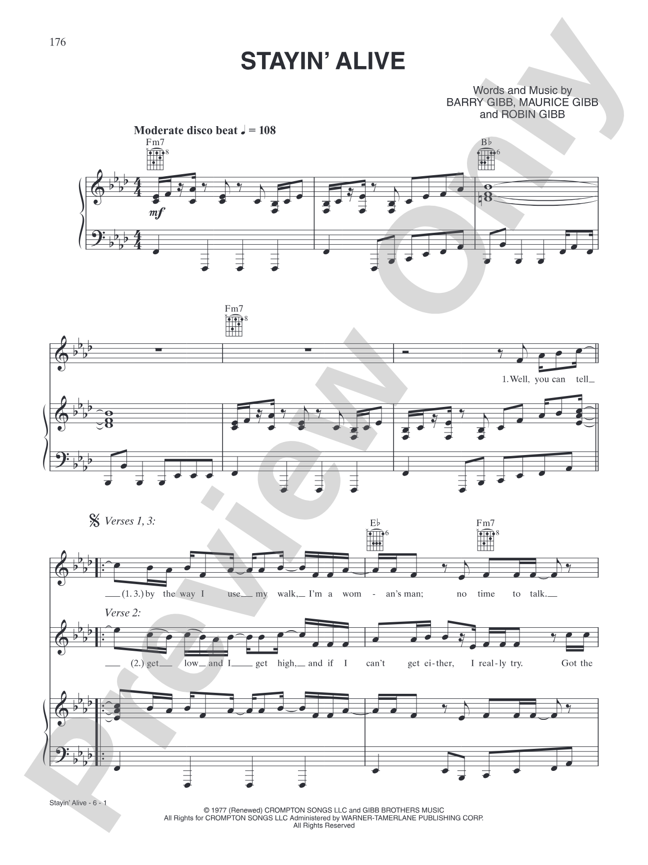 Stayin' Alive (from "Saturday Night Fever"): Piano/Vocal/Chords