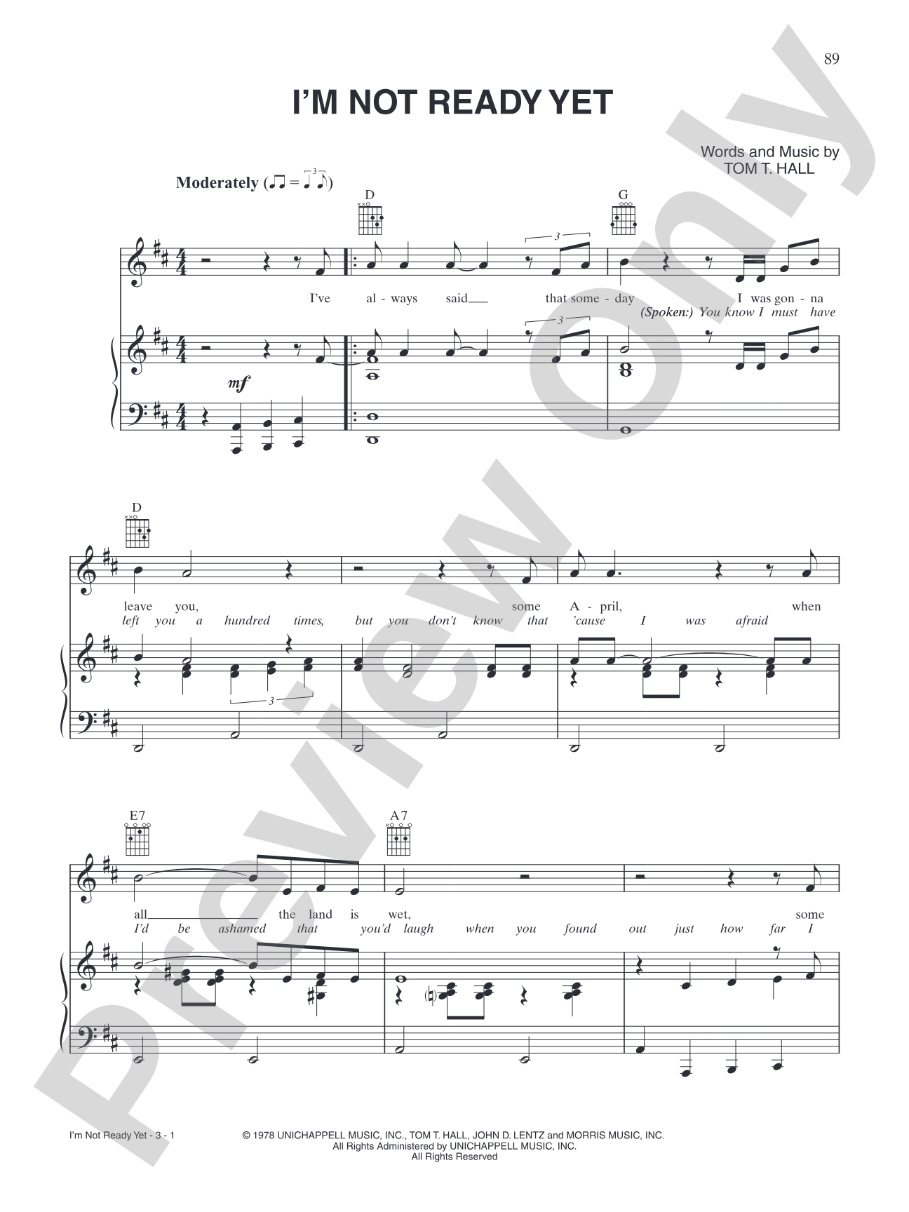 I'm Not Ready Yet: Piano/Vocal/Chords