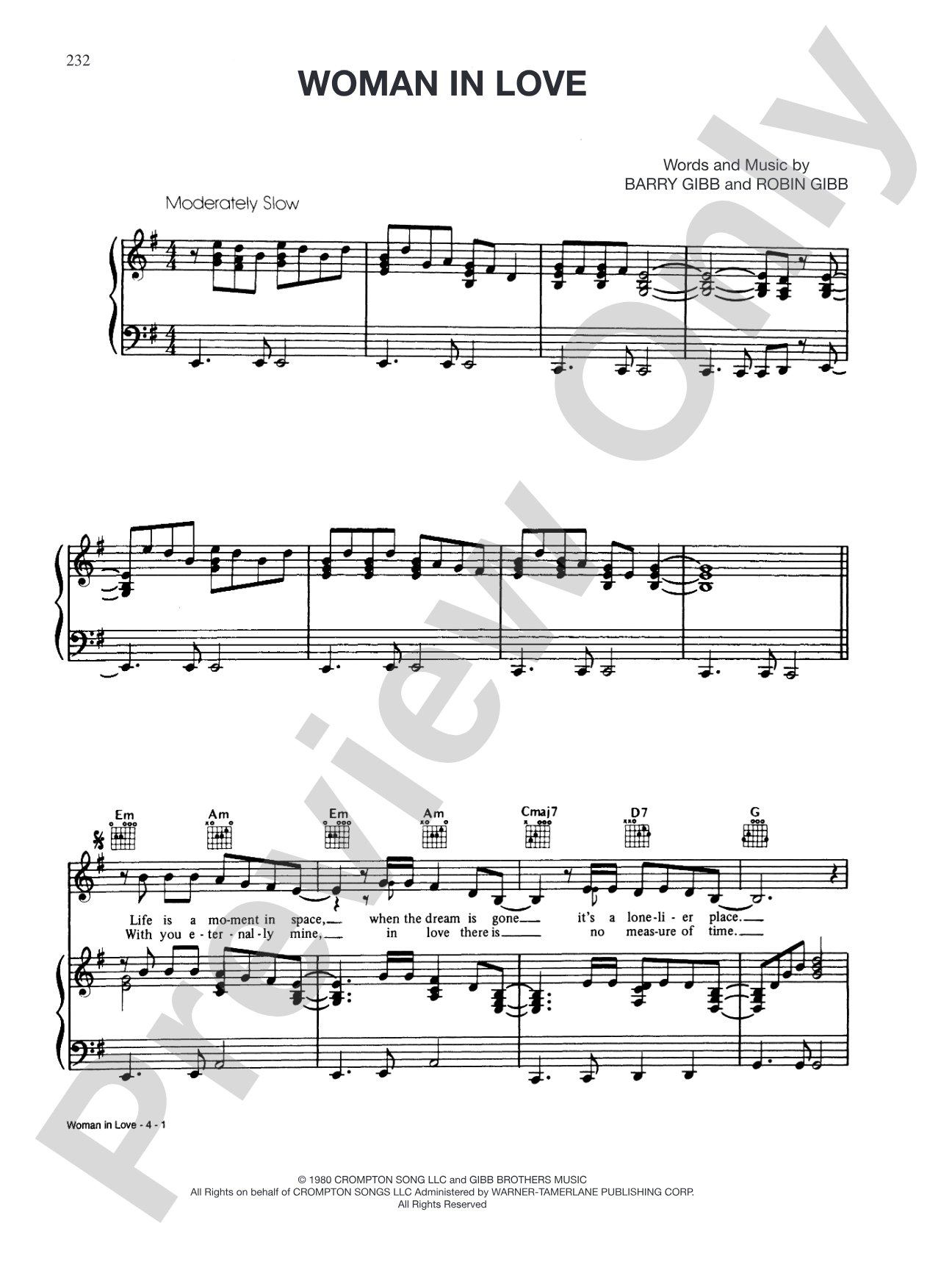 Woman in Love: Piano/Vocal/Chords