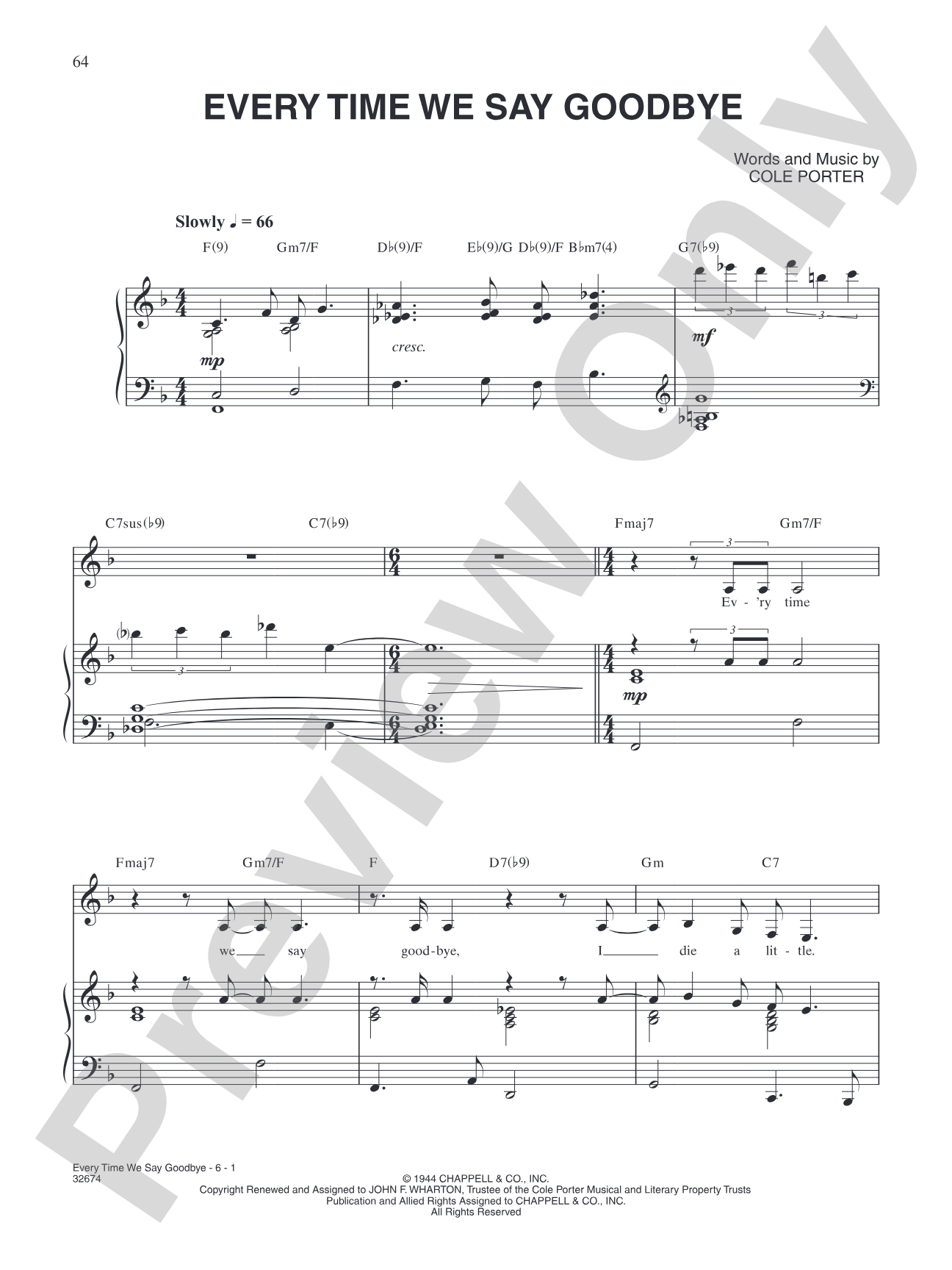 Ev'ry Time We Say Goodbye: Piano/Vocal/Chords