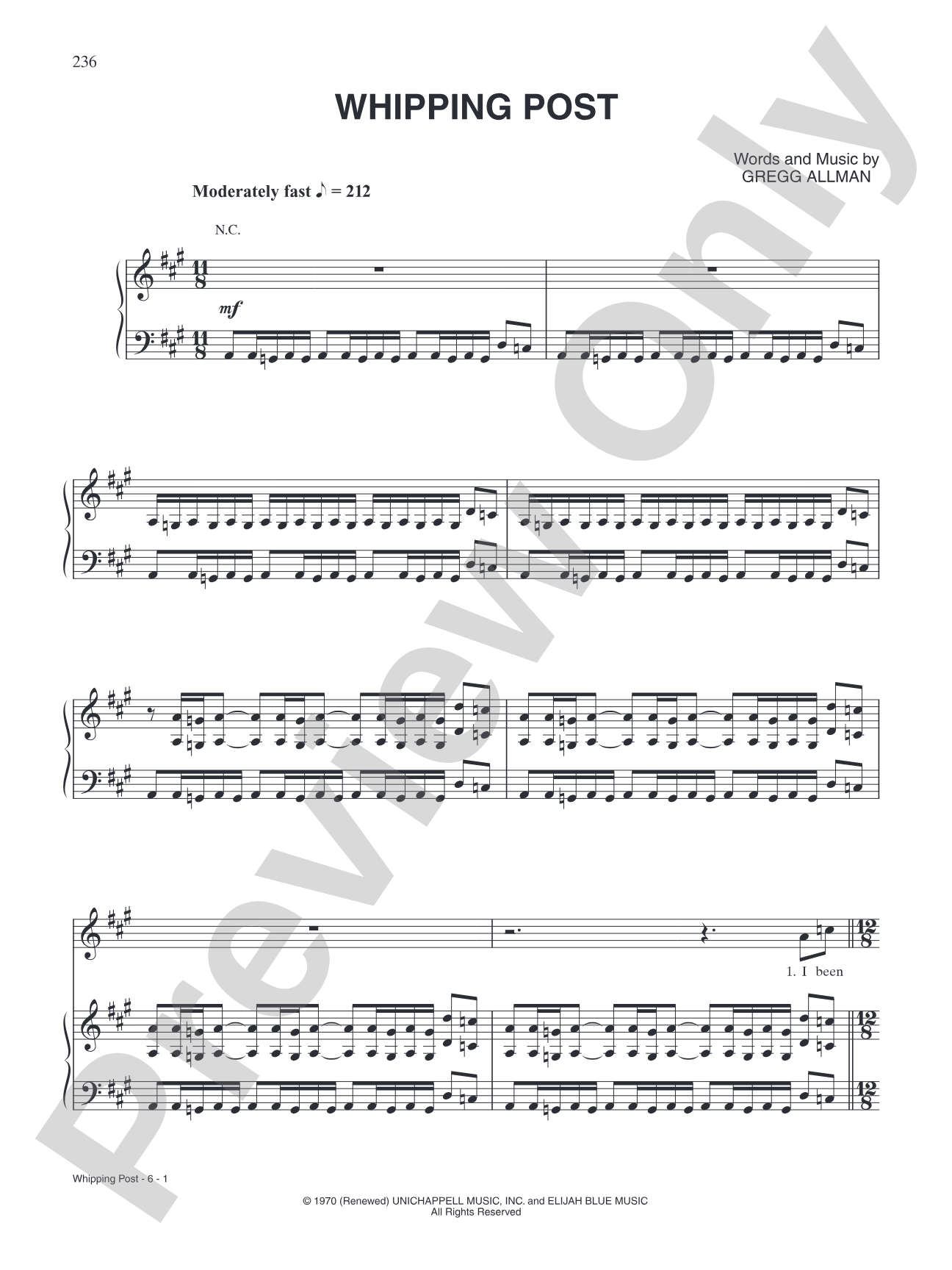 Whipping Post: Piano/Vocal/Chords