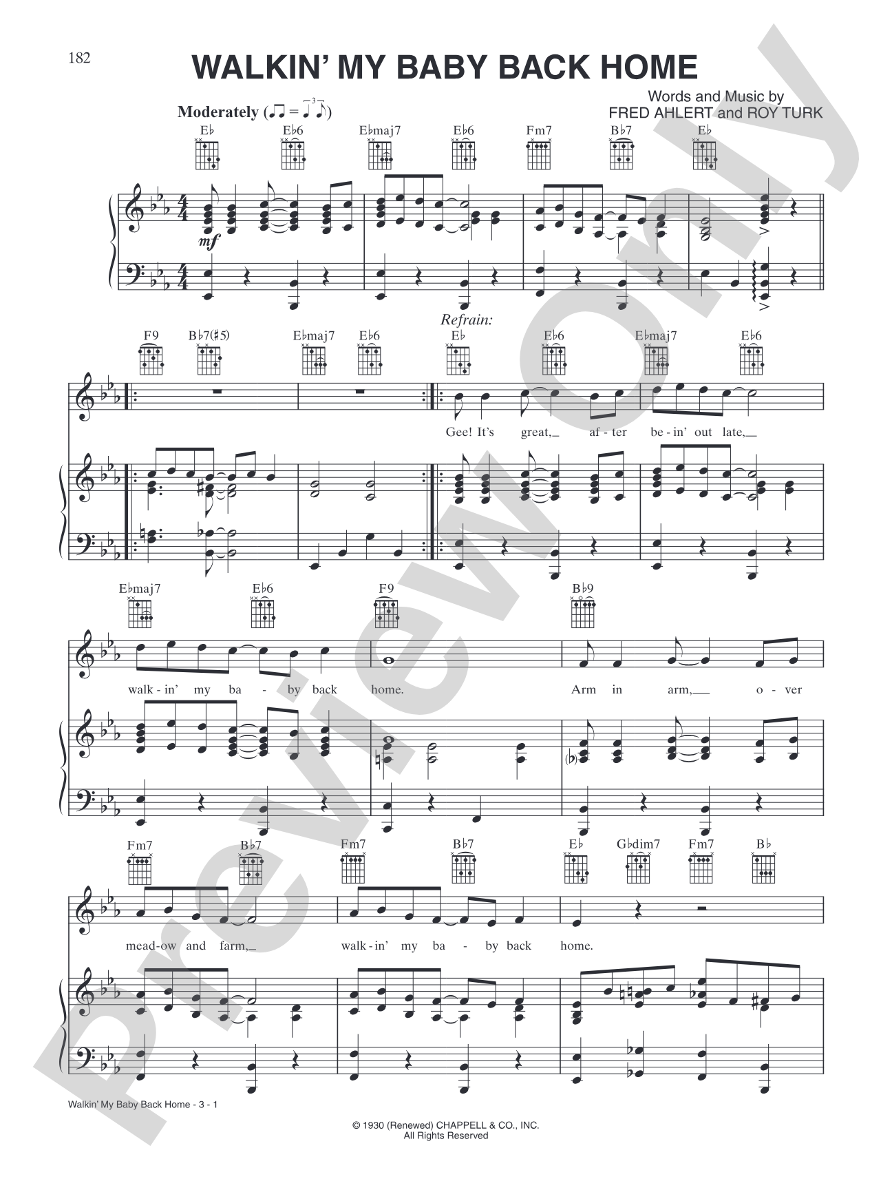 Walkin' My Baby Back Home: Piano/Vocal/Chords