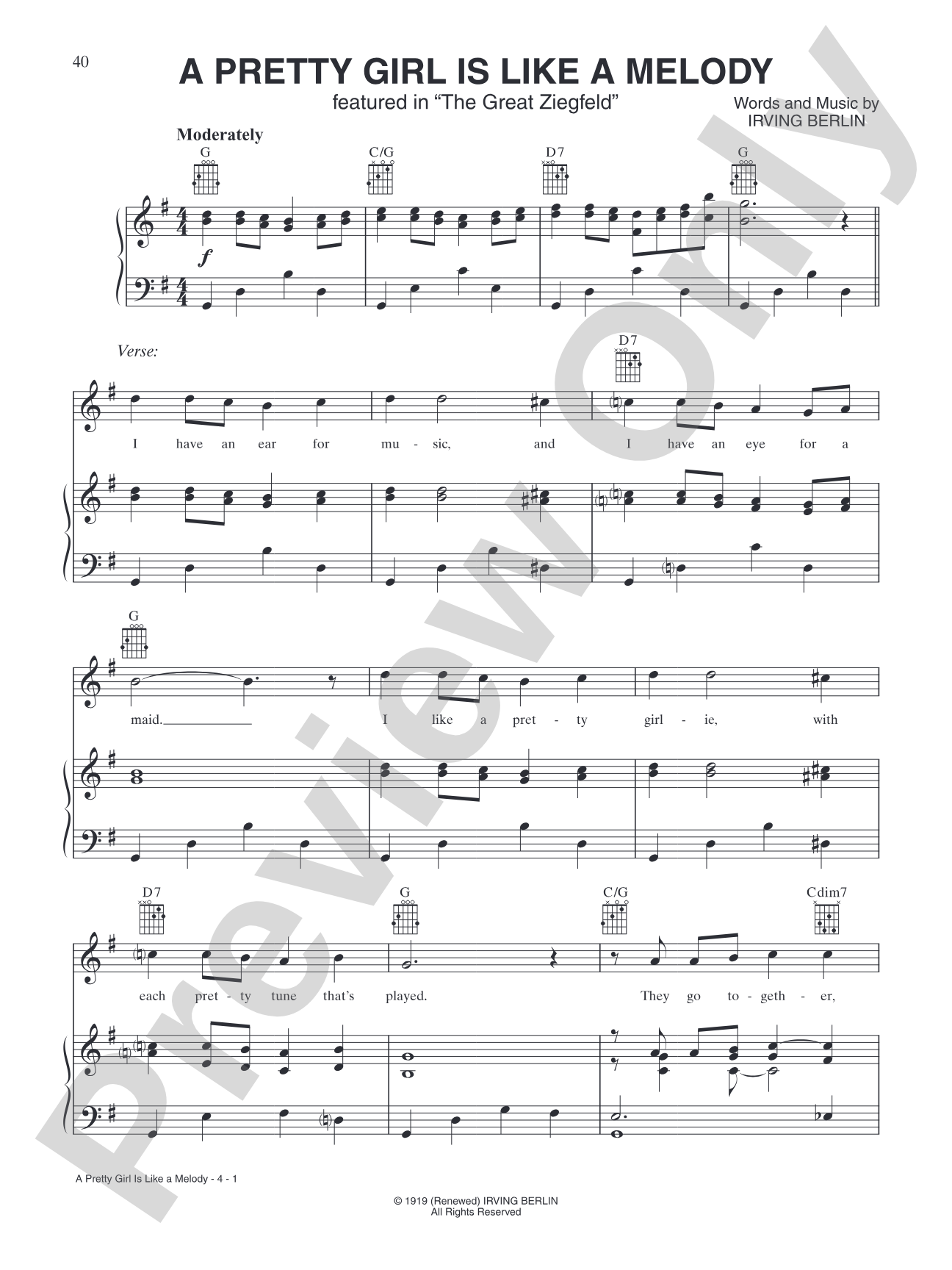 A Pretty Girl is Like a Melody (from "The Great Ziegfeld"): Piano/Vocal/Chords