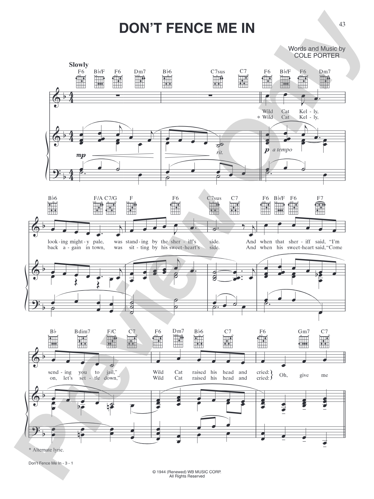 Don't Fence Me In: Piano/Vocal/Chords