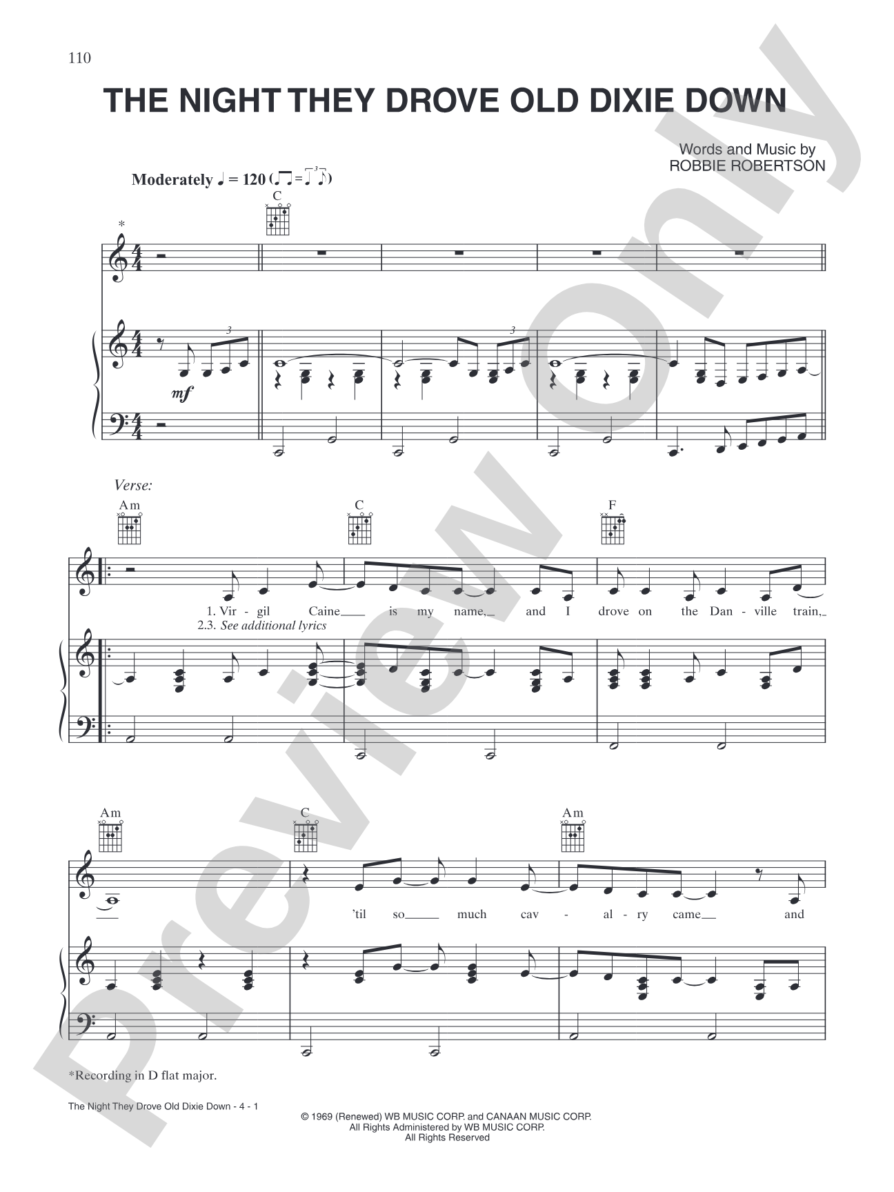 The Night They Drove Old Dixie Down: Piano/Vocal/Chords