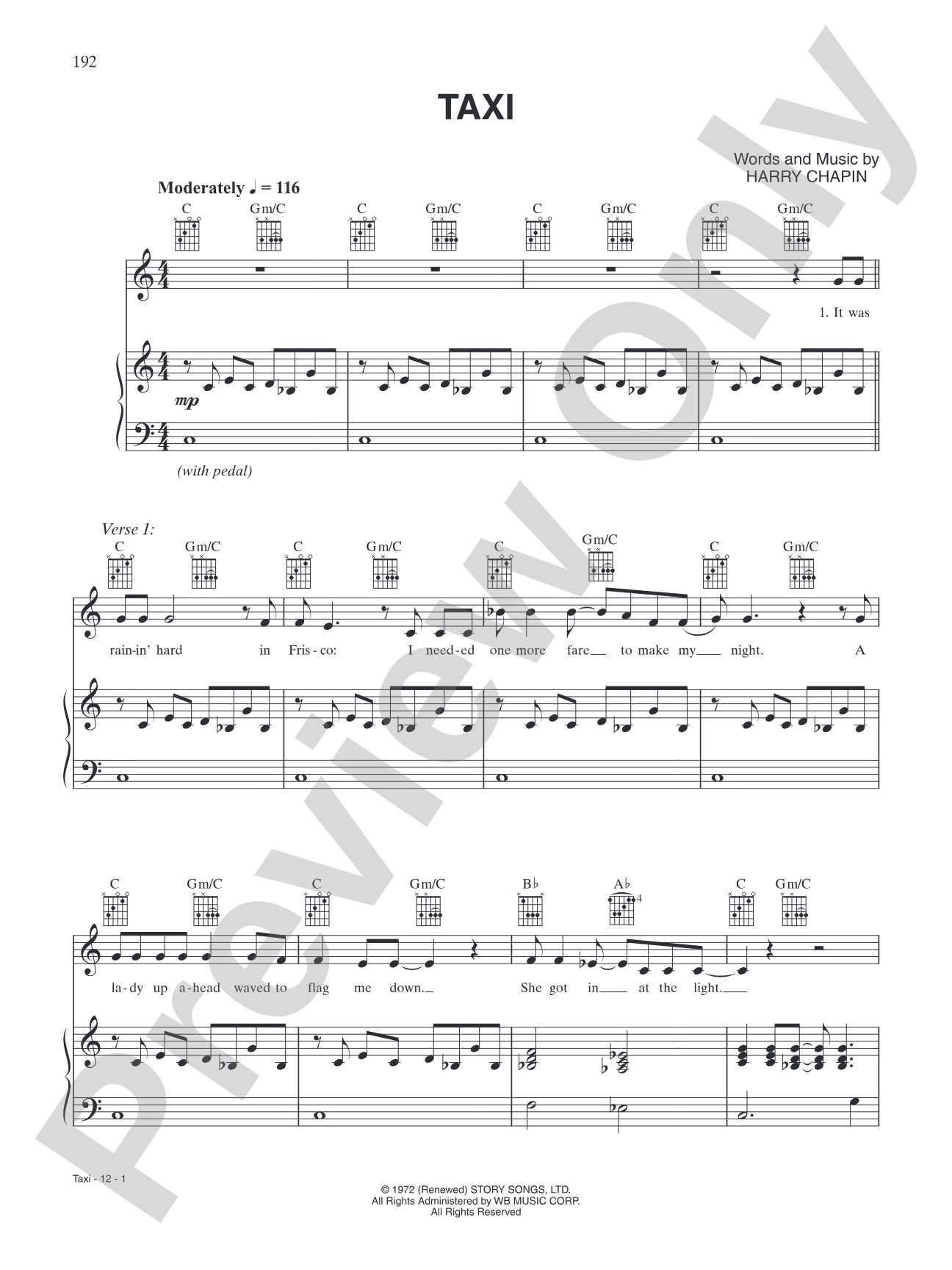 Taxi: Piano/Vocal/Chords