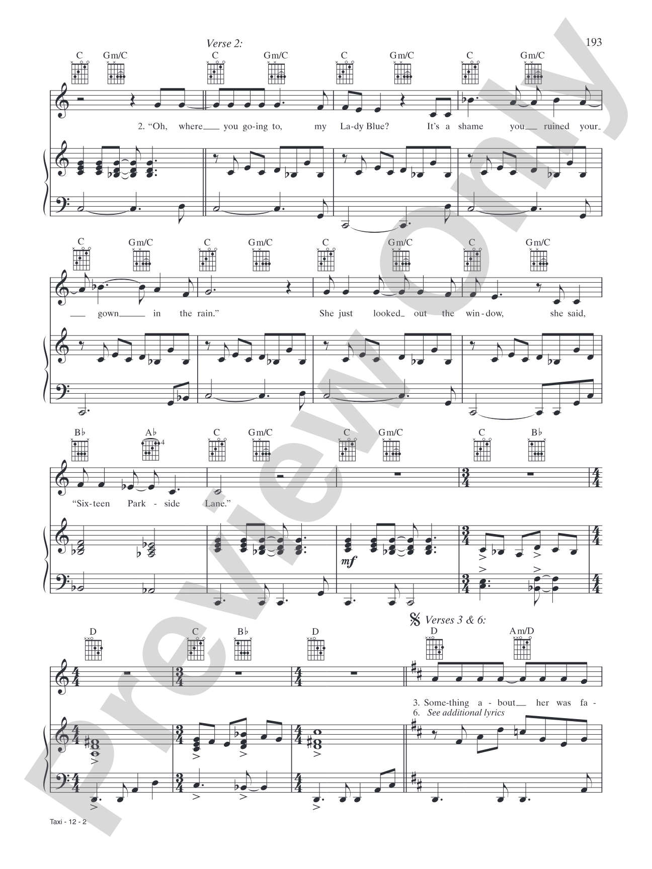 Taxi: Piano/Vocal/Chords