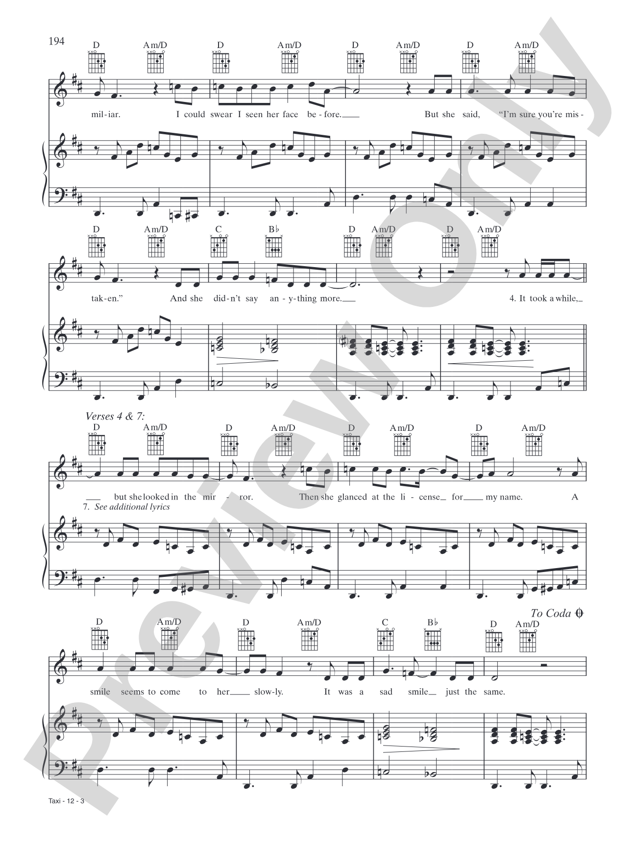 Taxi: Piano/Vocal/Chords