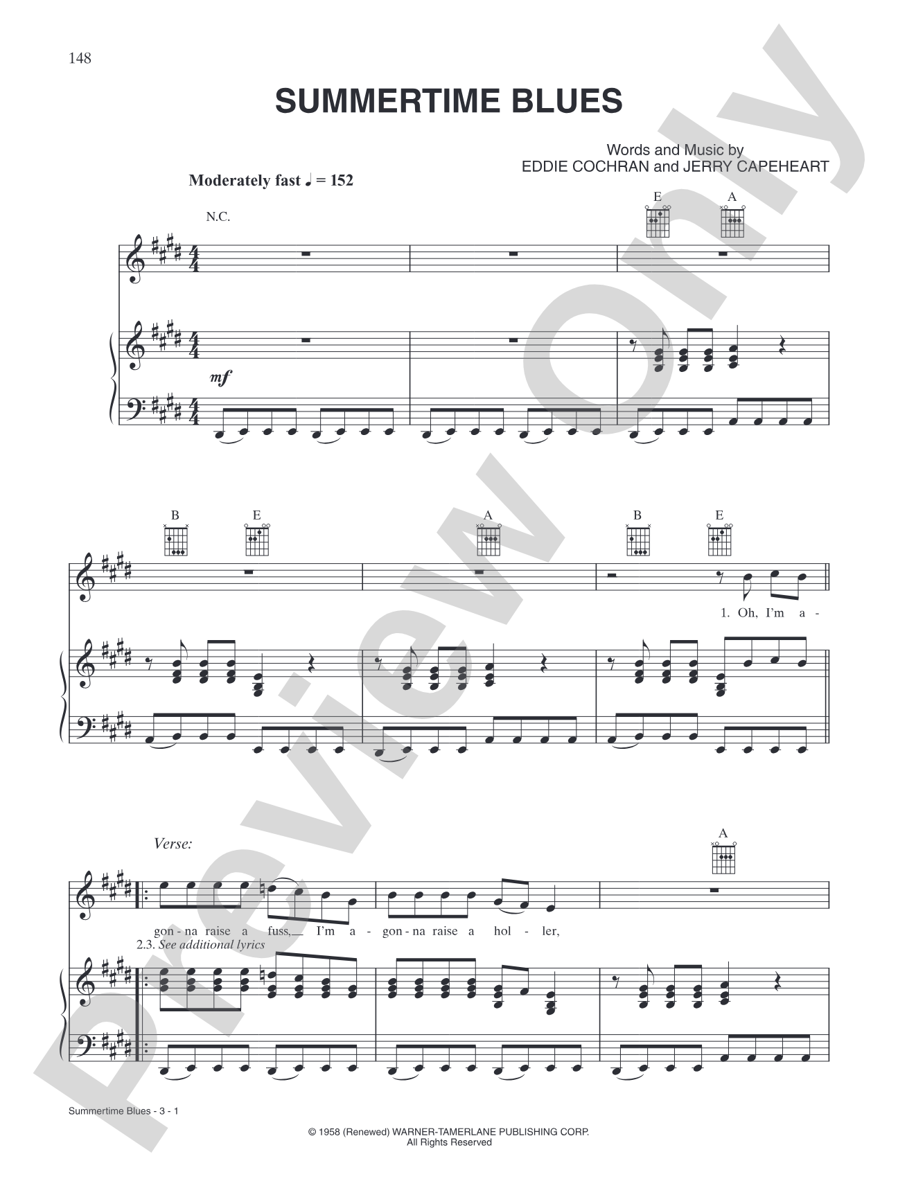 Summertime Blues: Piano/Vocal/Chords