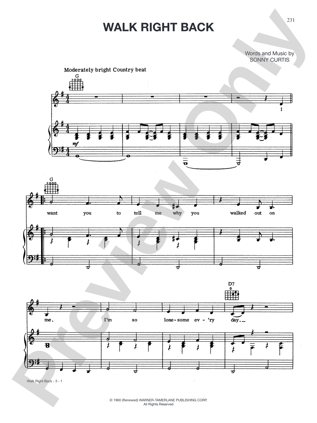 Walk Right Back: Piano/Vocal/Chords