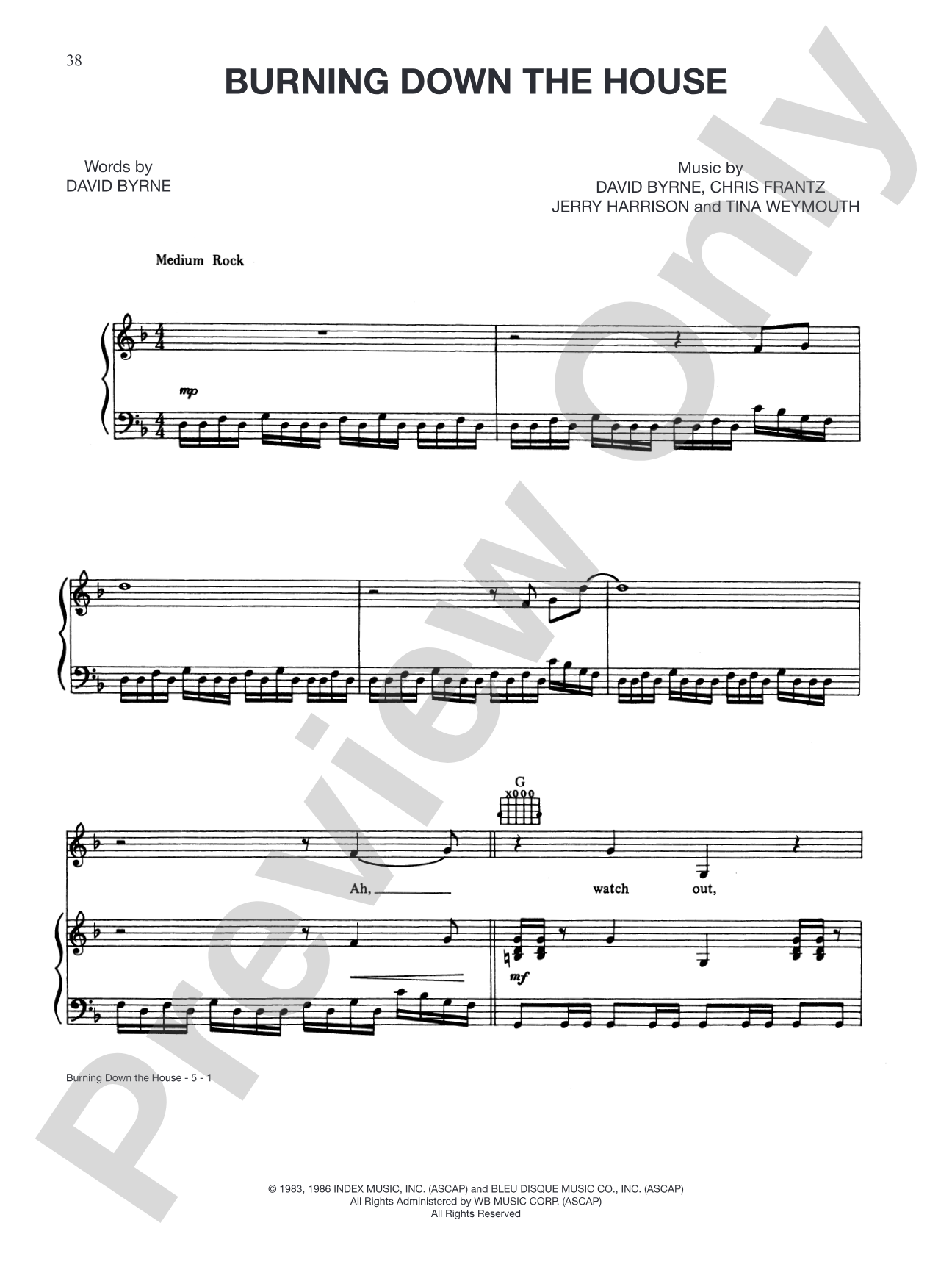 Burning Down the House: Piano/Vocal/Chords