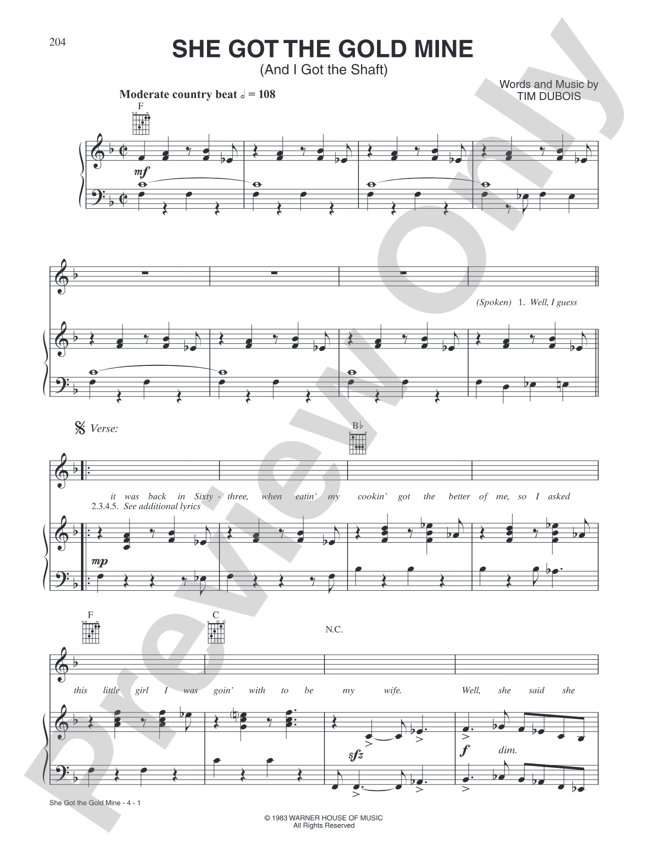She Got the Goldmine (and I Got the Shaft): Piano/Vocal/Chords