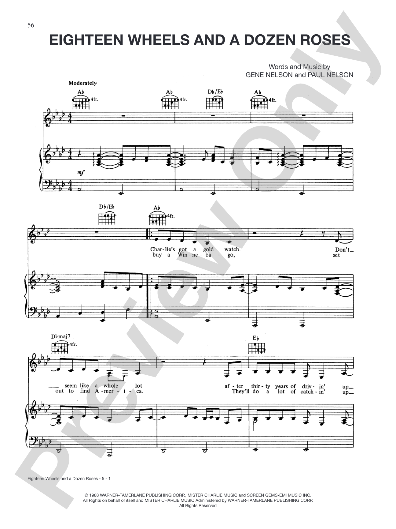 Eighteen Wheels and a Dozen Roses: Piano/Vocal/Chords