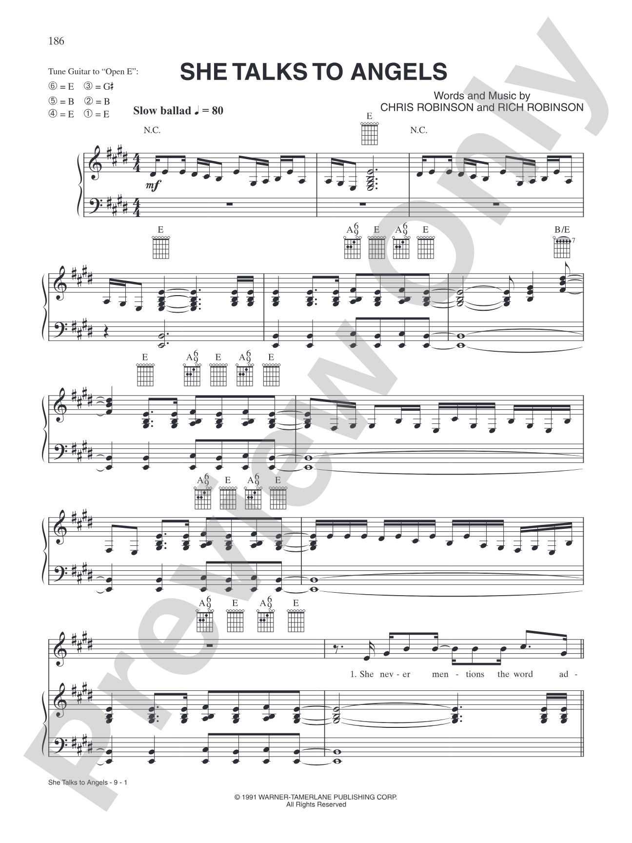 She Talks to Angels: Piano/Vocal/Chords