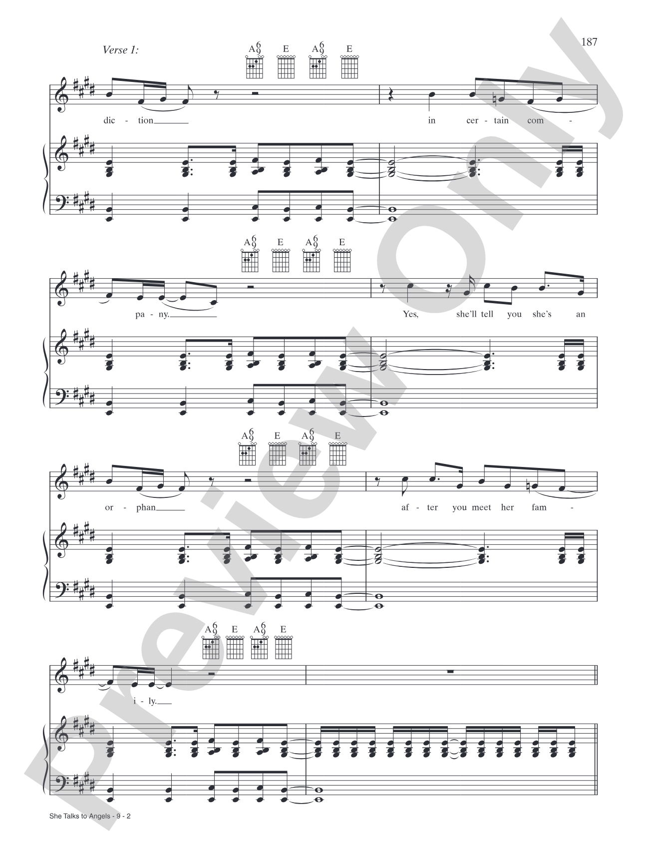 She Talks to Angels: Piano/Vocal/Chords