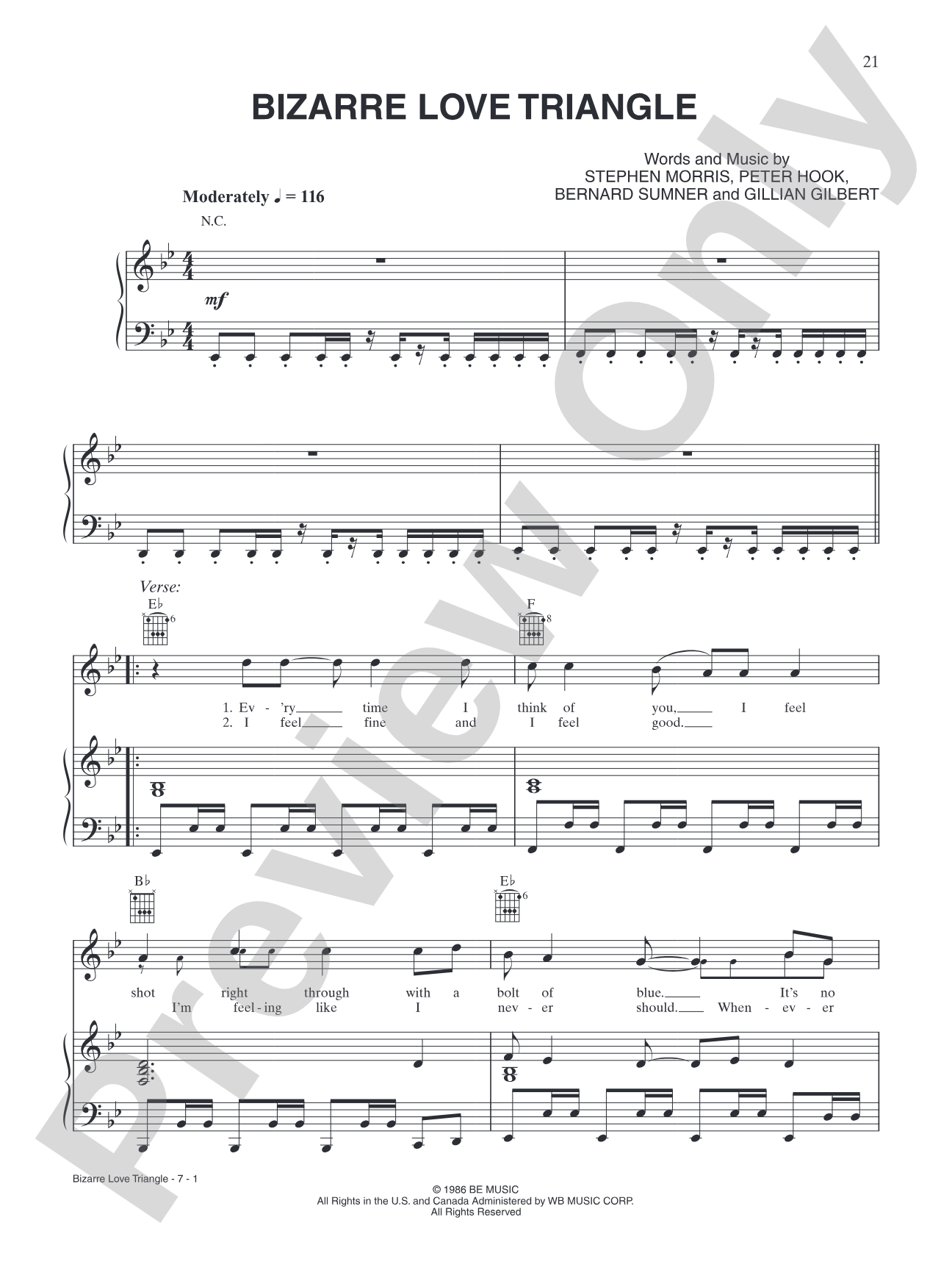 Bizarre Love Triangle: Piano/Vocal/Chords