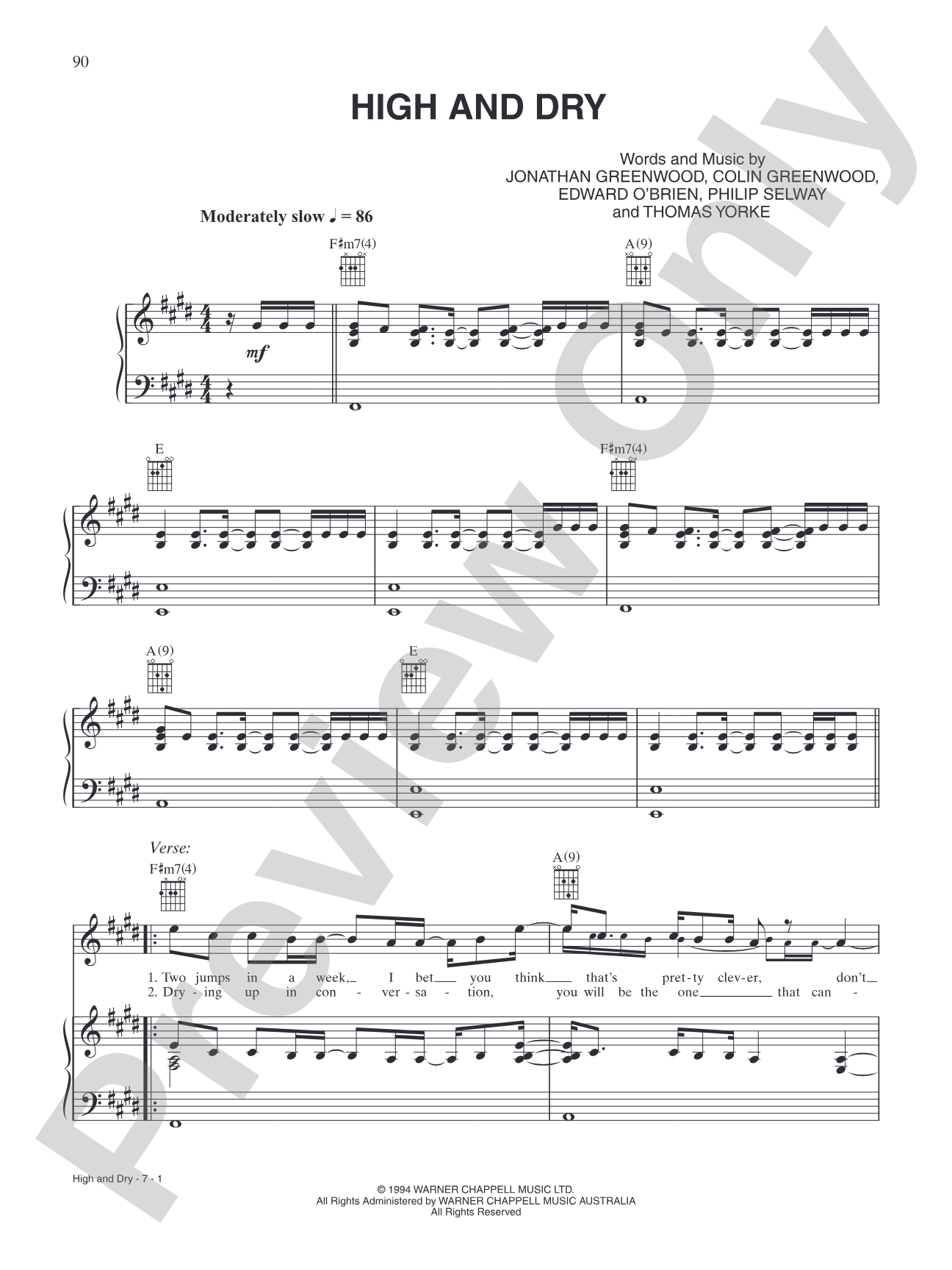 High and Dry: Piano/Vocal/Chords