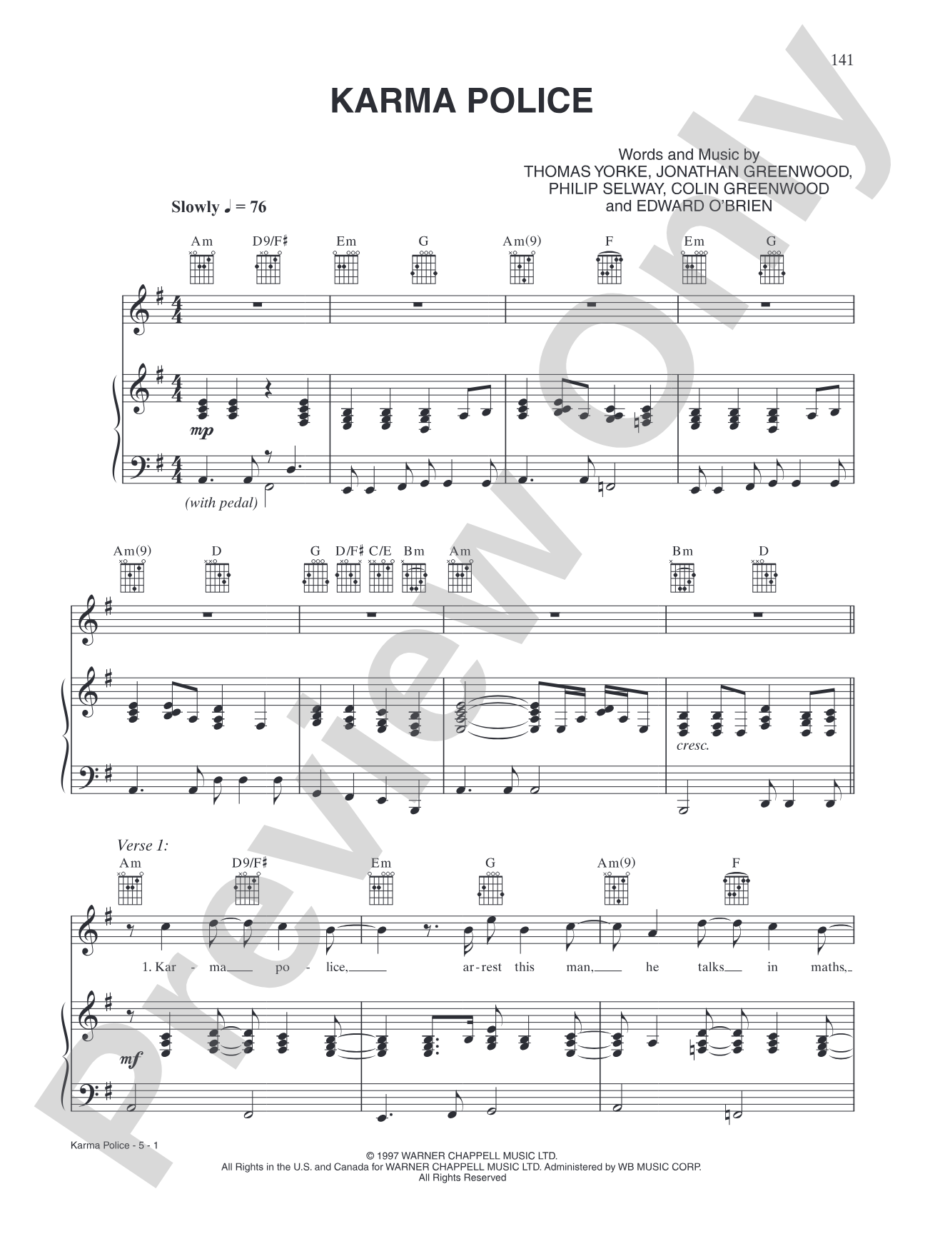 Karma Police: Piano/Vocal/Chords