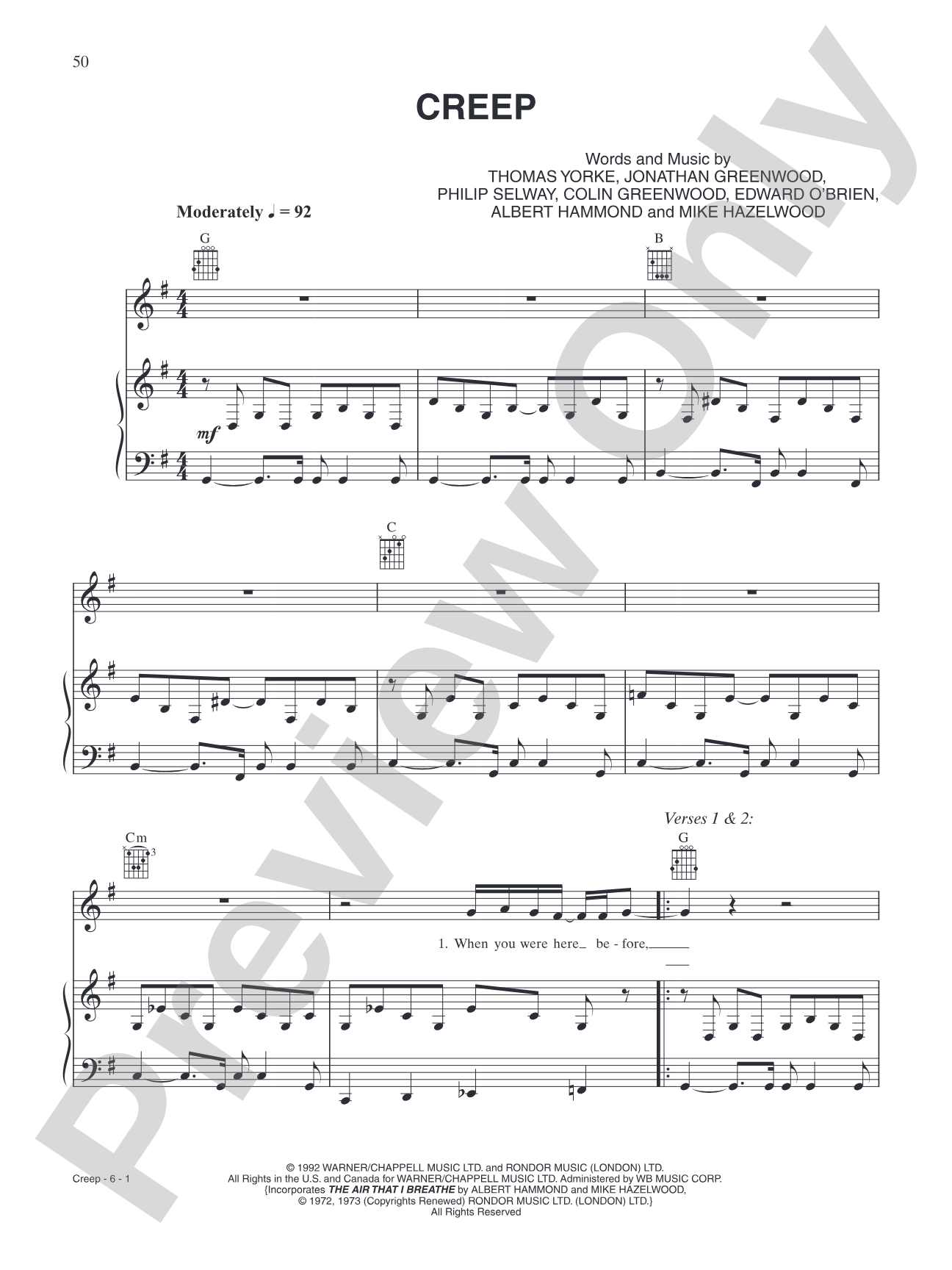 Creep: Piano/Vocal/Chords