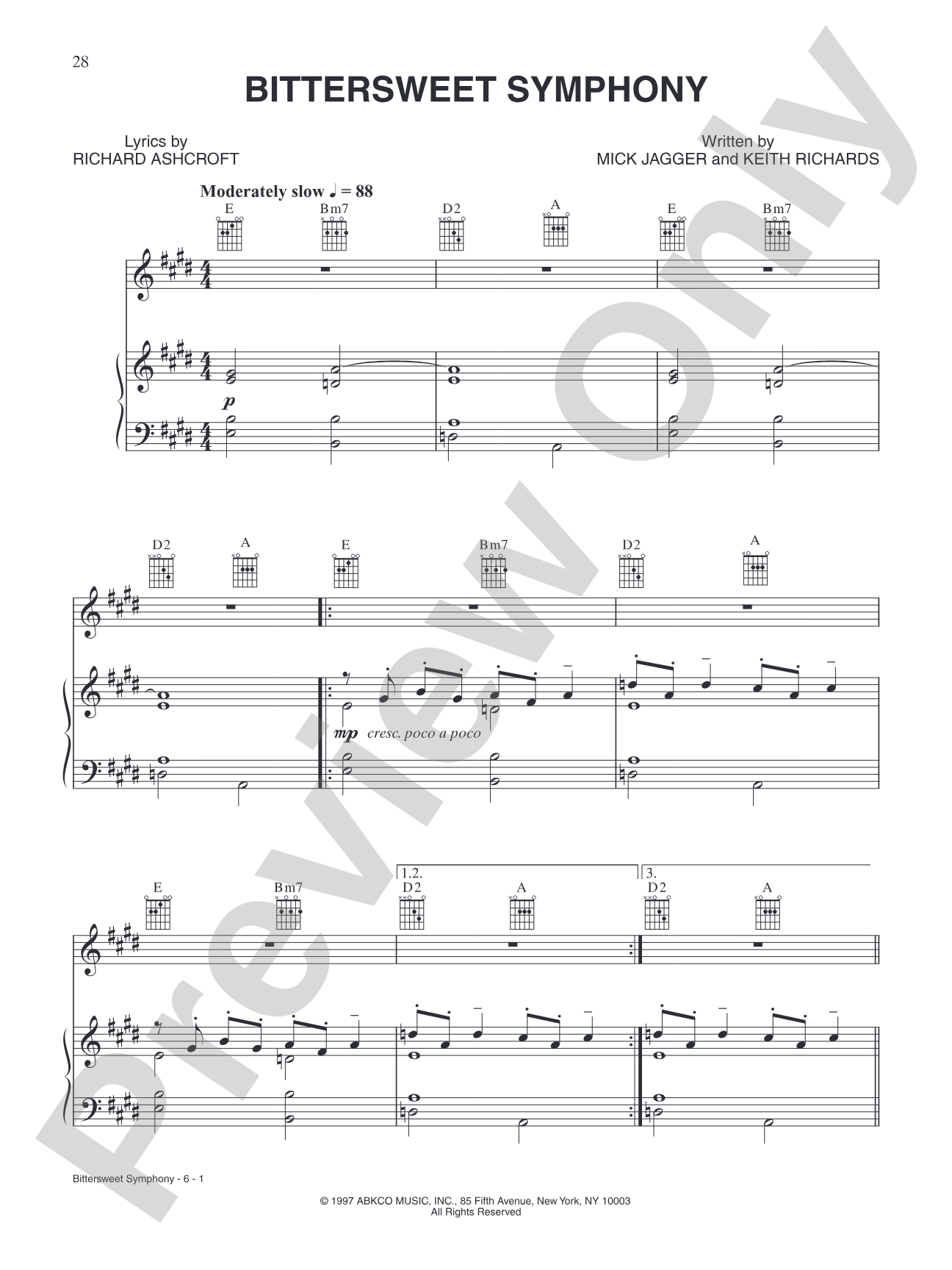 Bitter Sweet Symphony: Piano/Vocal/Chords