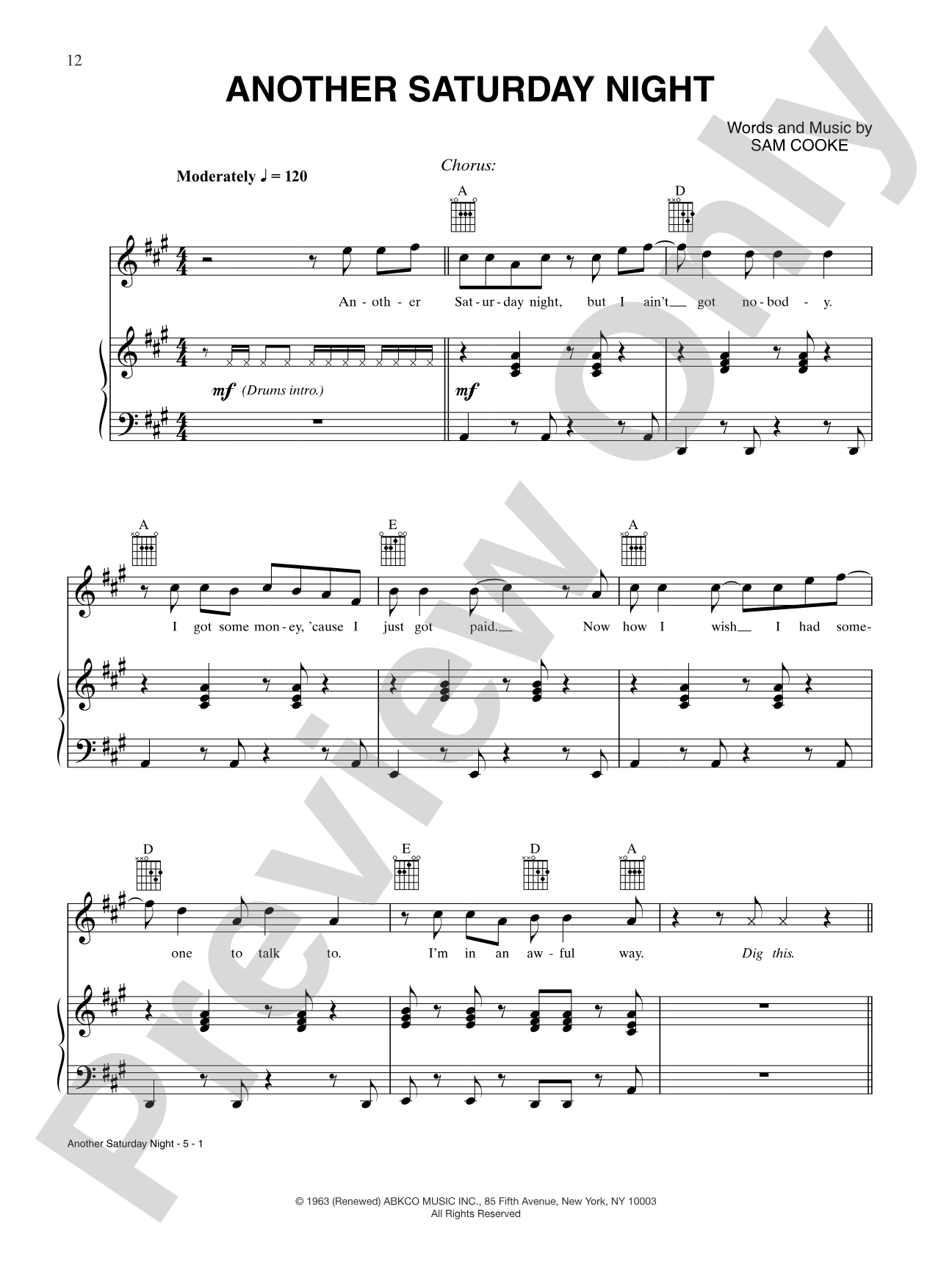 Another Saturday Night: Piano/Vocal/Chords