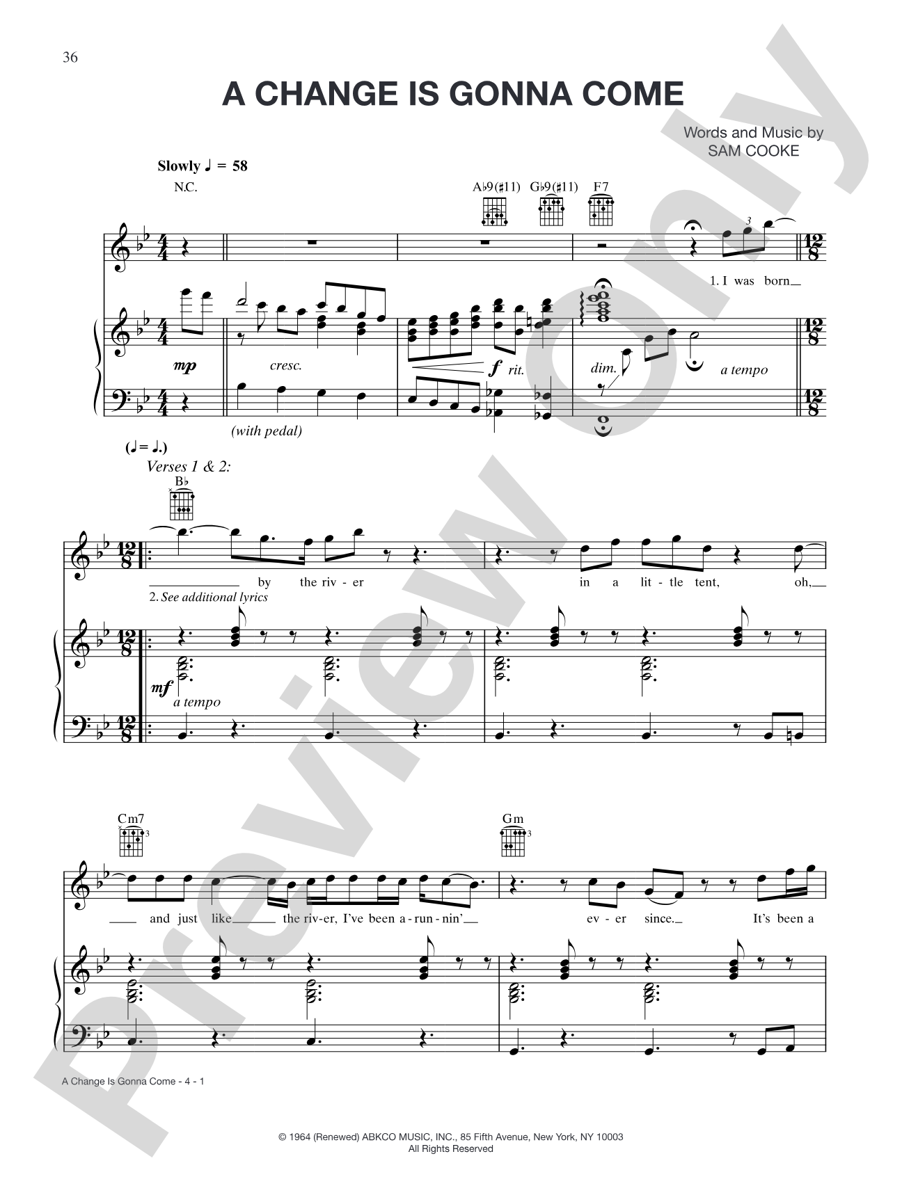 A Change is Gonna Come: Piano/Vocal/Chords