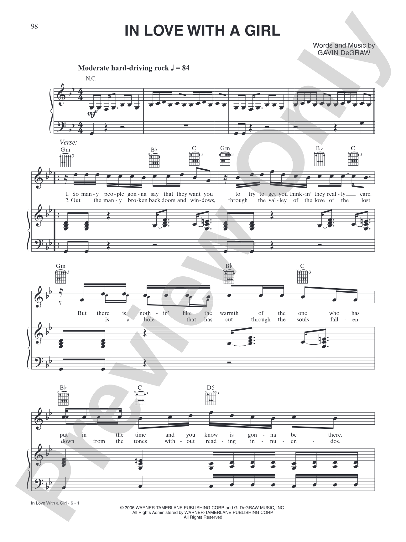 In Love With a Girl: Piano/Vocal/Chords