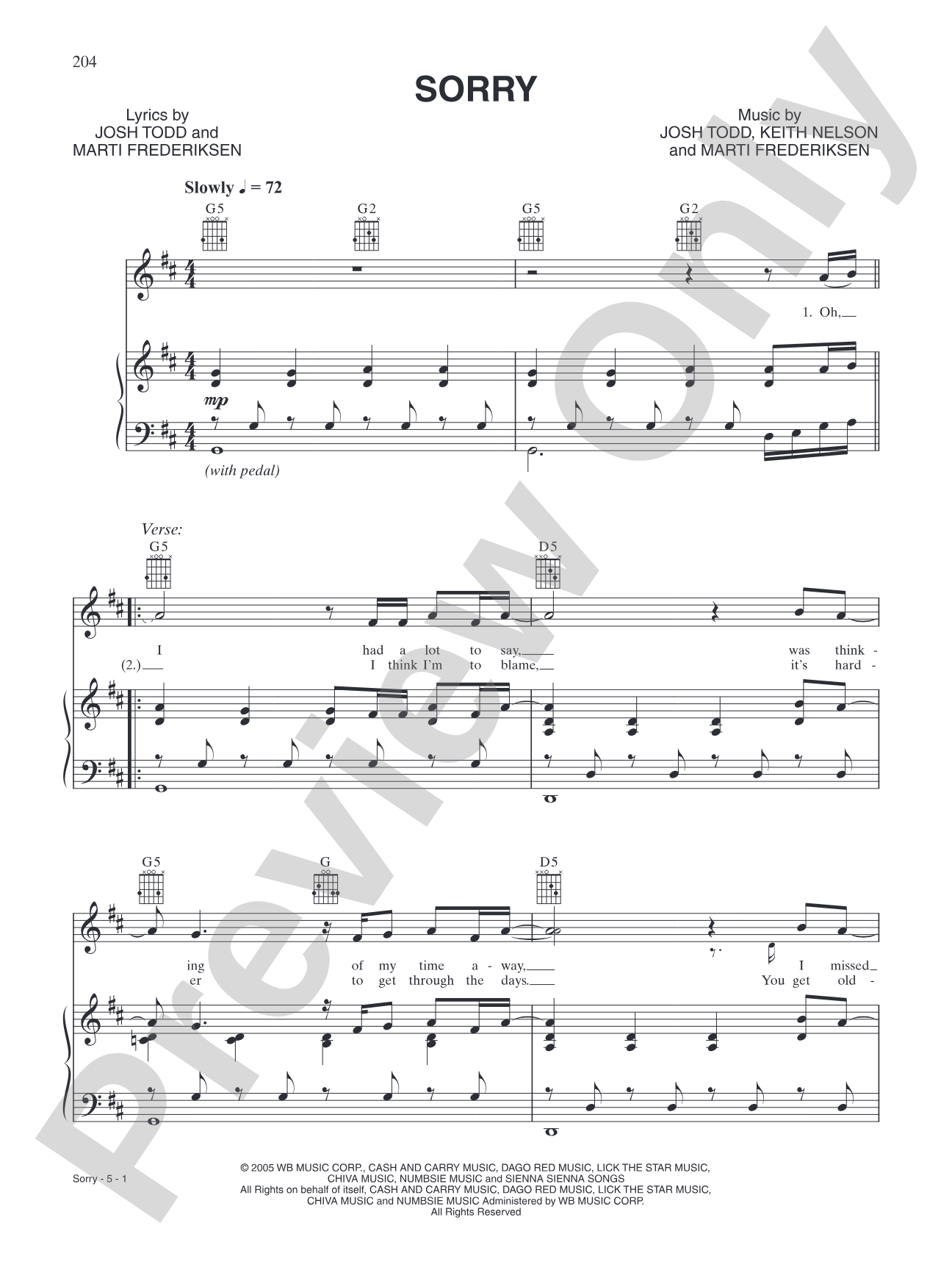 Sorry: Piano/Vocal/Chords