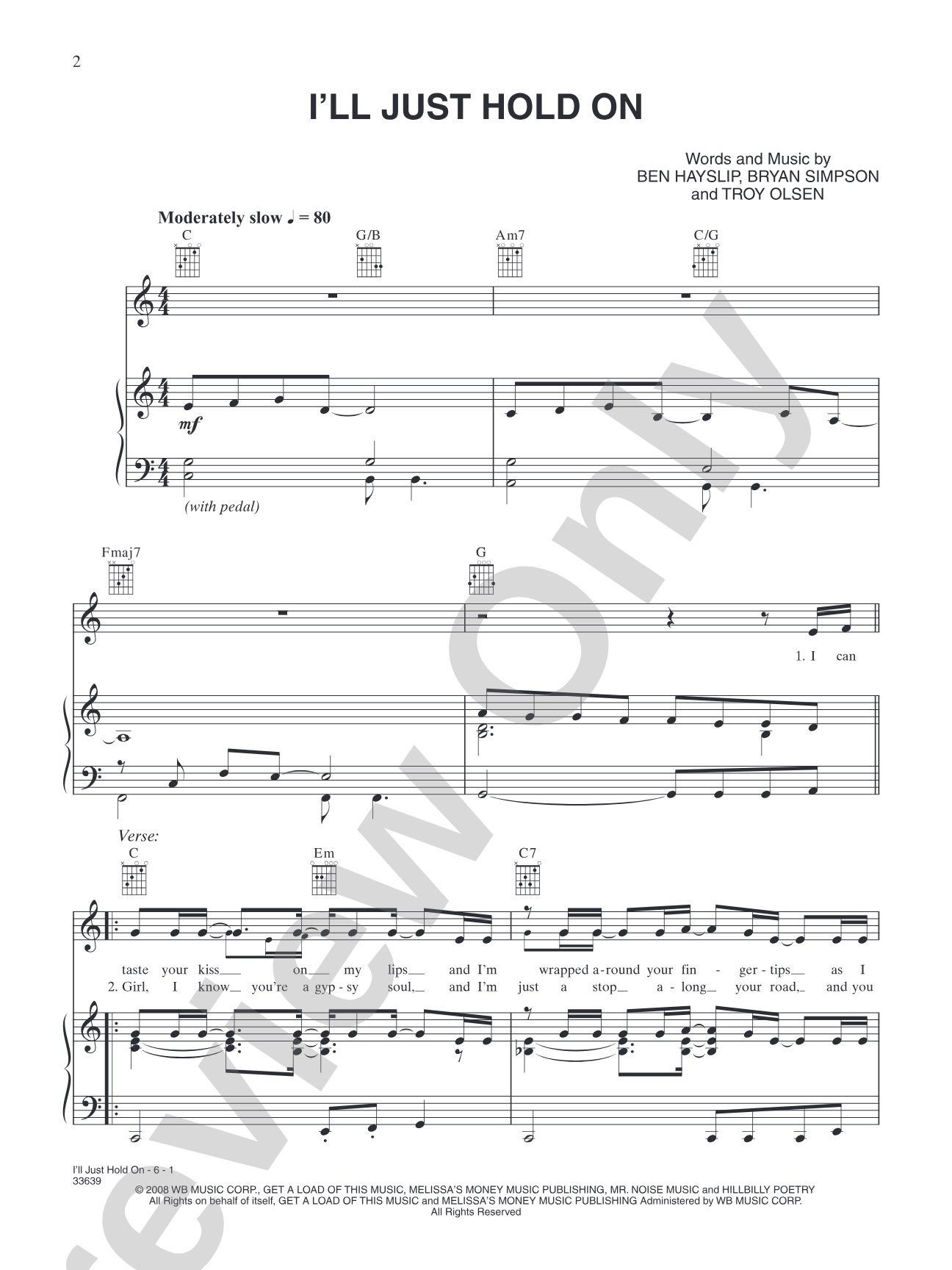 I'll Just Hold On: Piano/Vocal/Chords