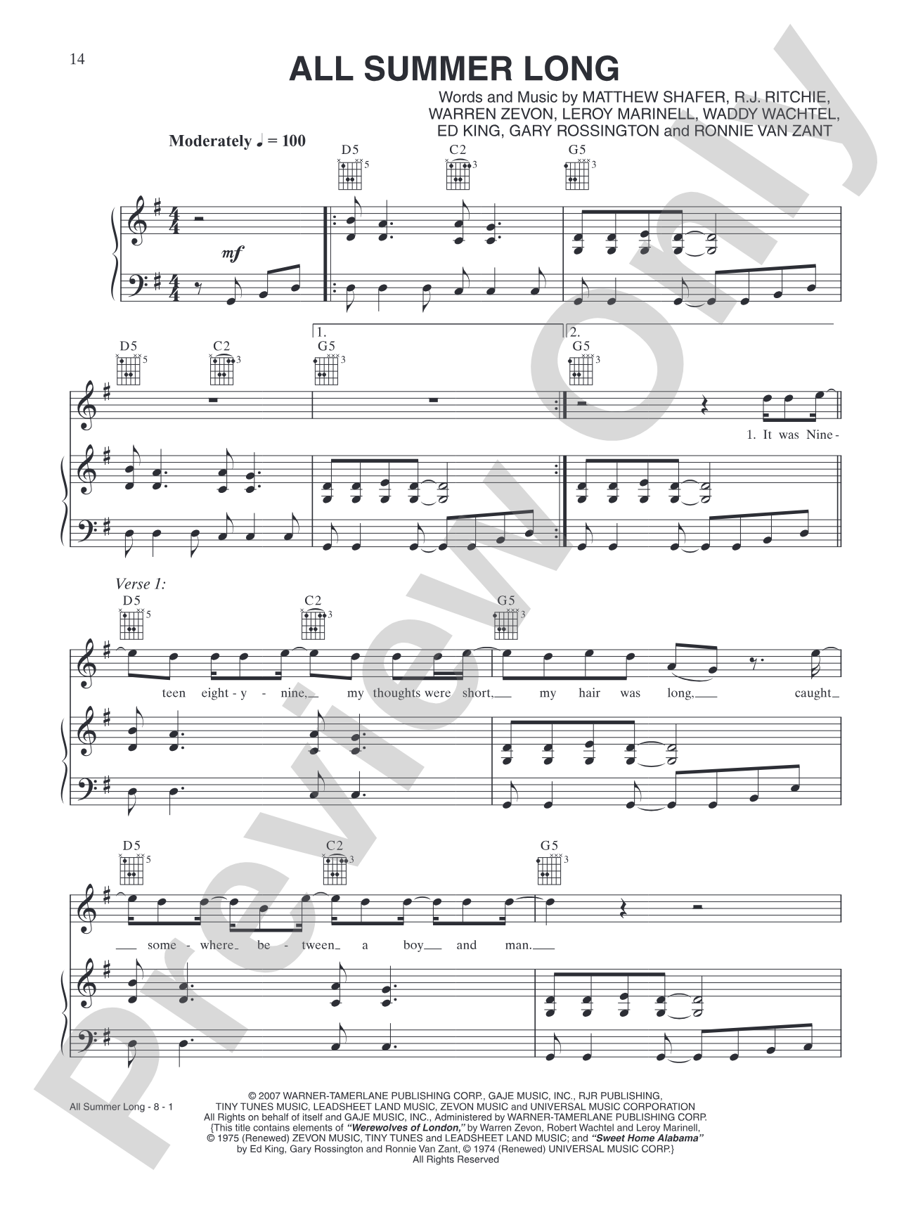 All Summer Long: Piano/Vocal/Chords