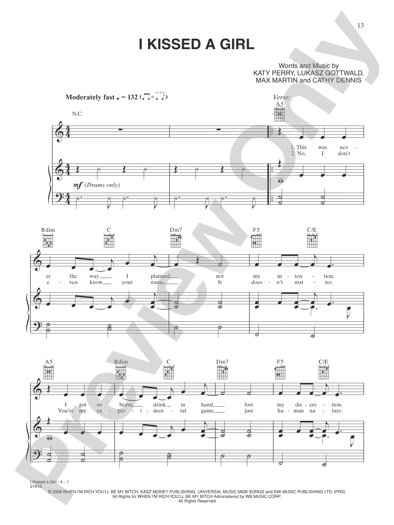 I Kissed a Girl: Piano/Vocal/Chords