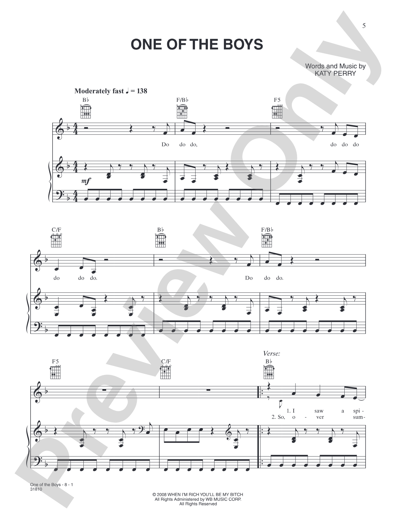 One of the Boys: Piano/Vocal/Chords