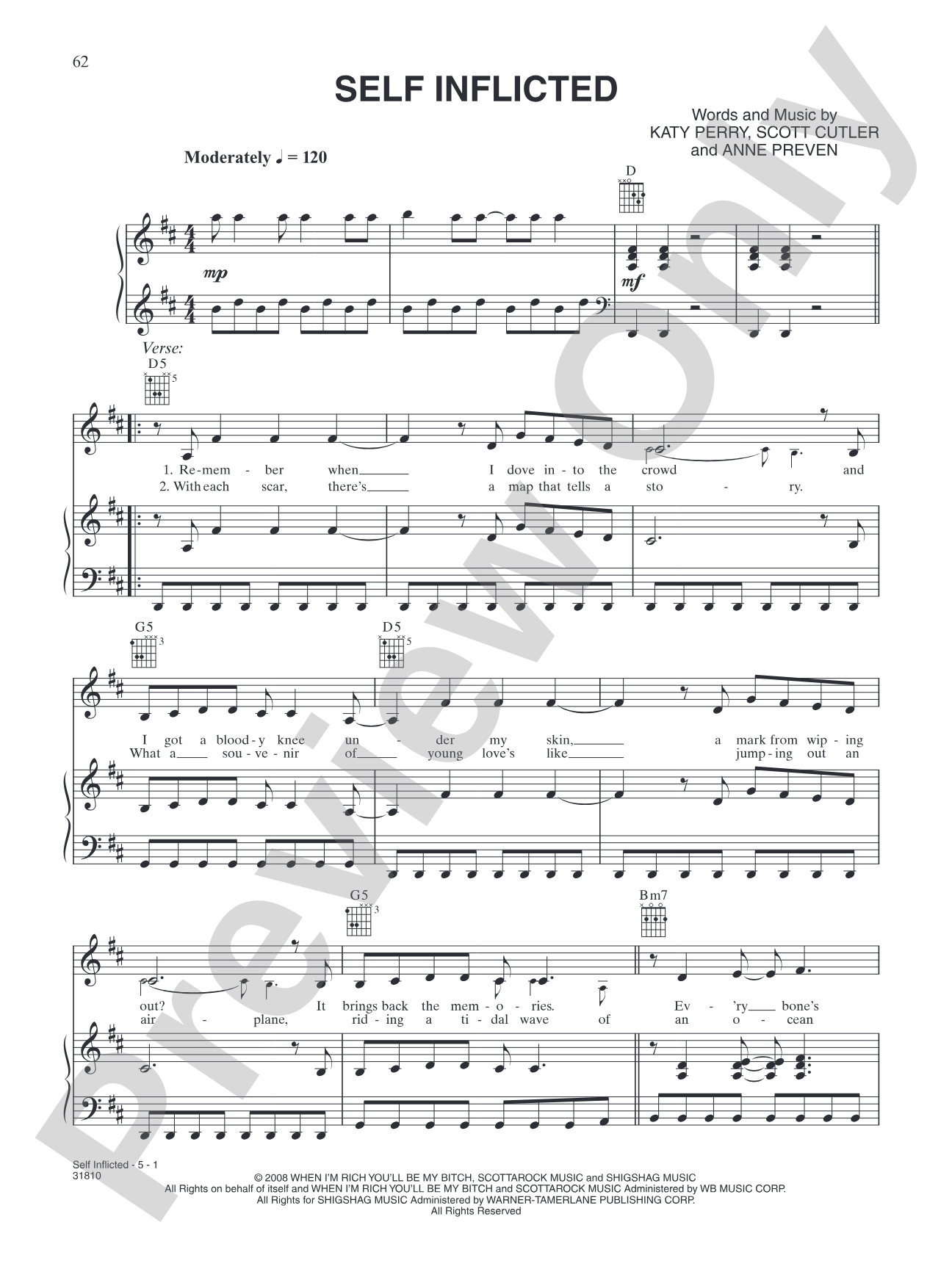 Self Inflicted: Piano/Vocal/Chords