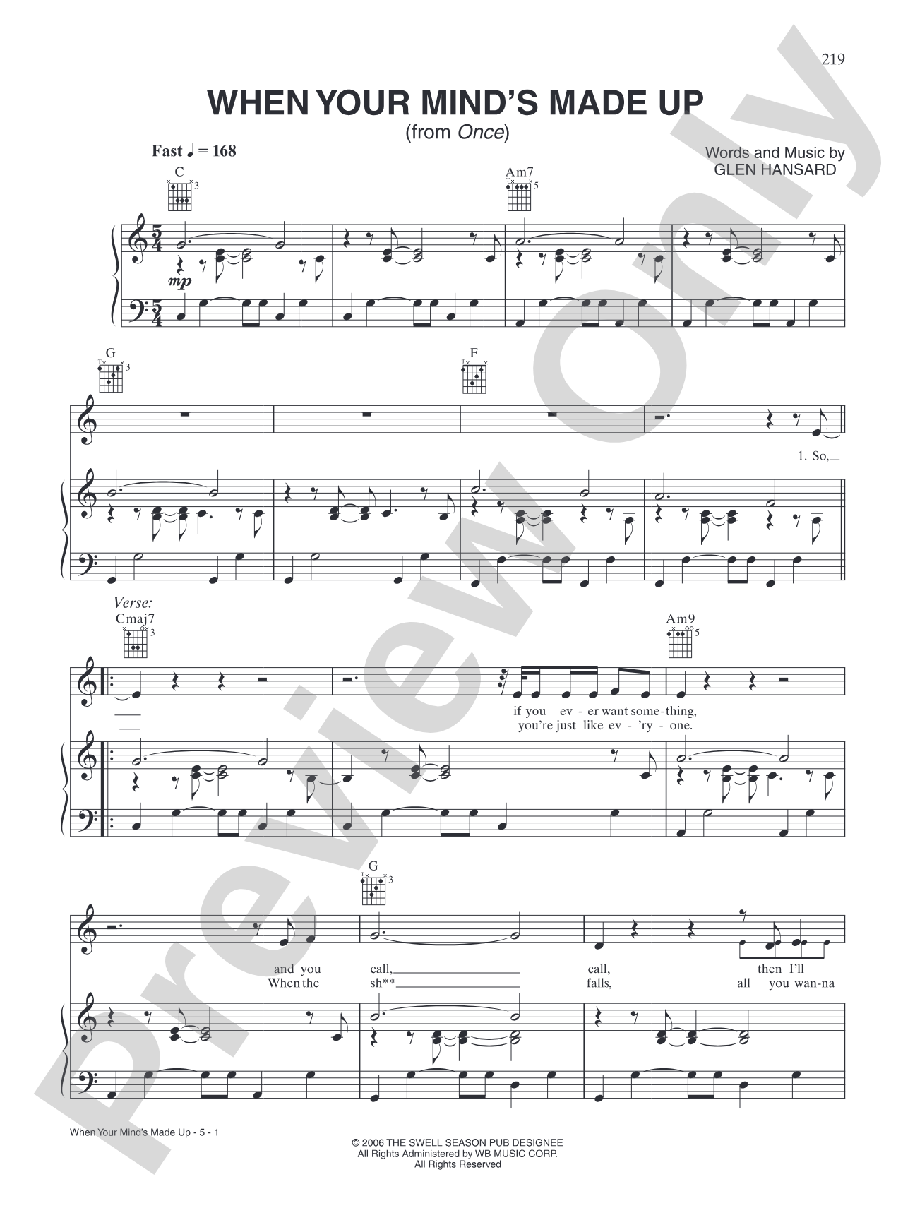 When Your Mind's Made Up (from "Once"): Piano/Vocal/Chords