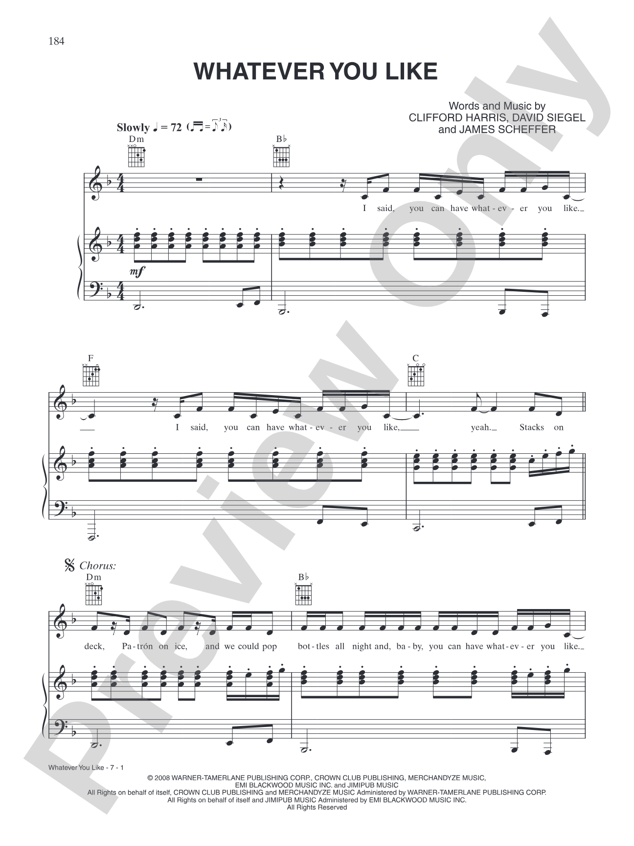 Whatever You Like: Piano/Vocal/Chords