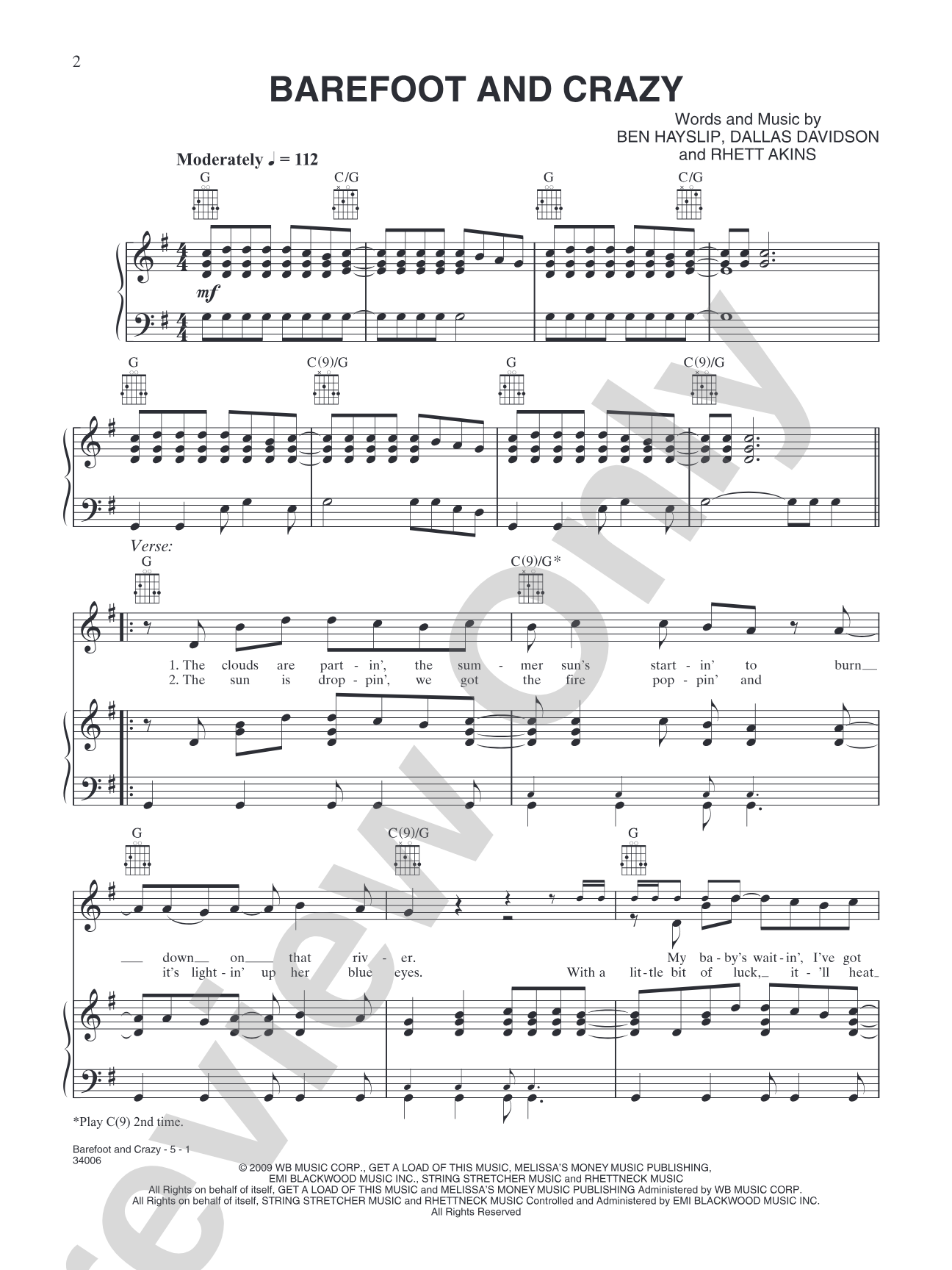 Barefoot and Crazy: Piano/Vocal/Chords