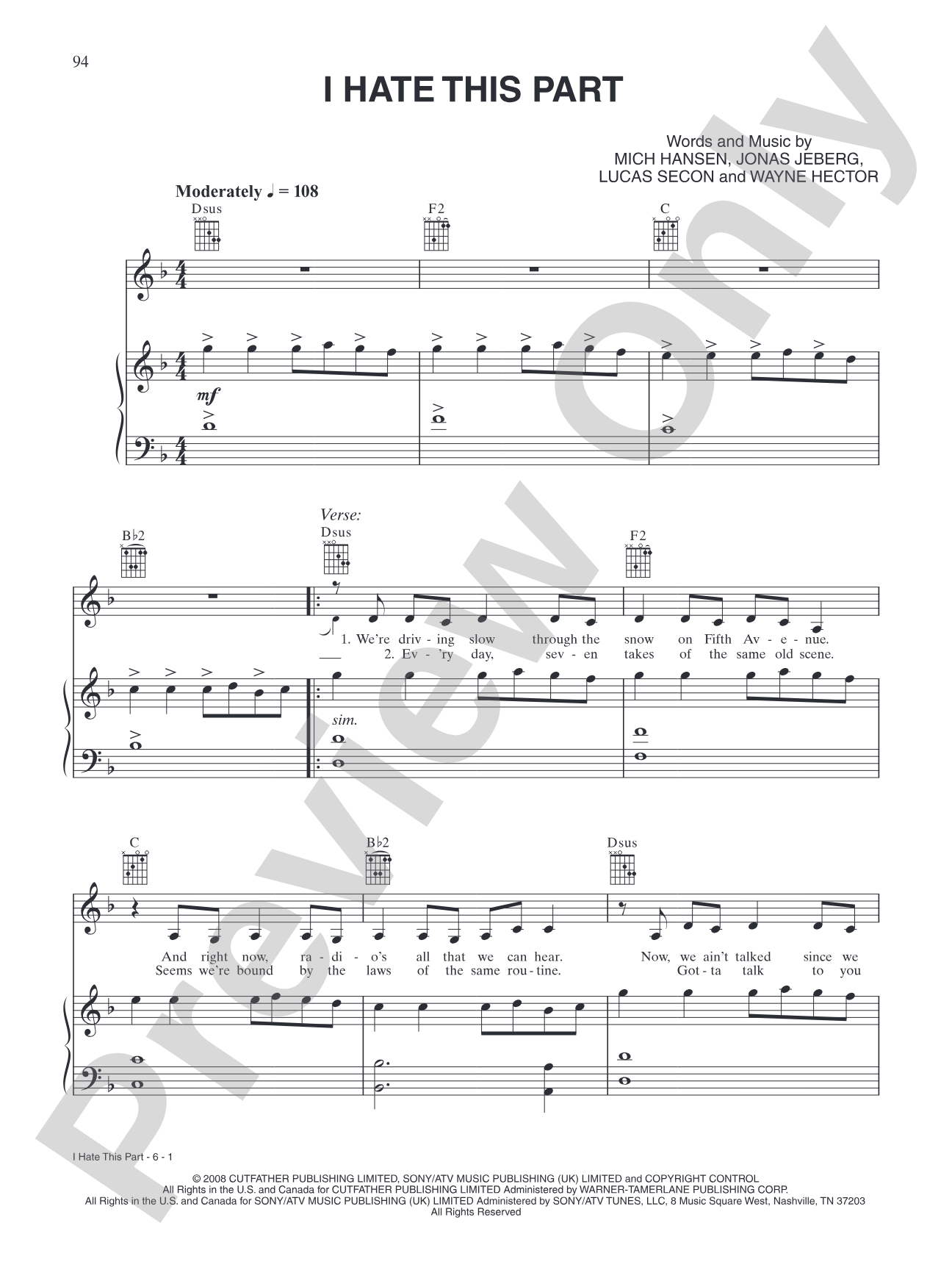I Hate This Part: Piano/Vocal/Chords