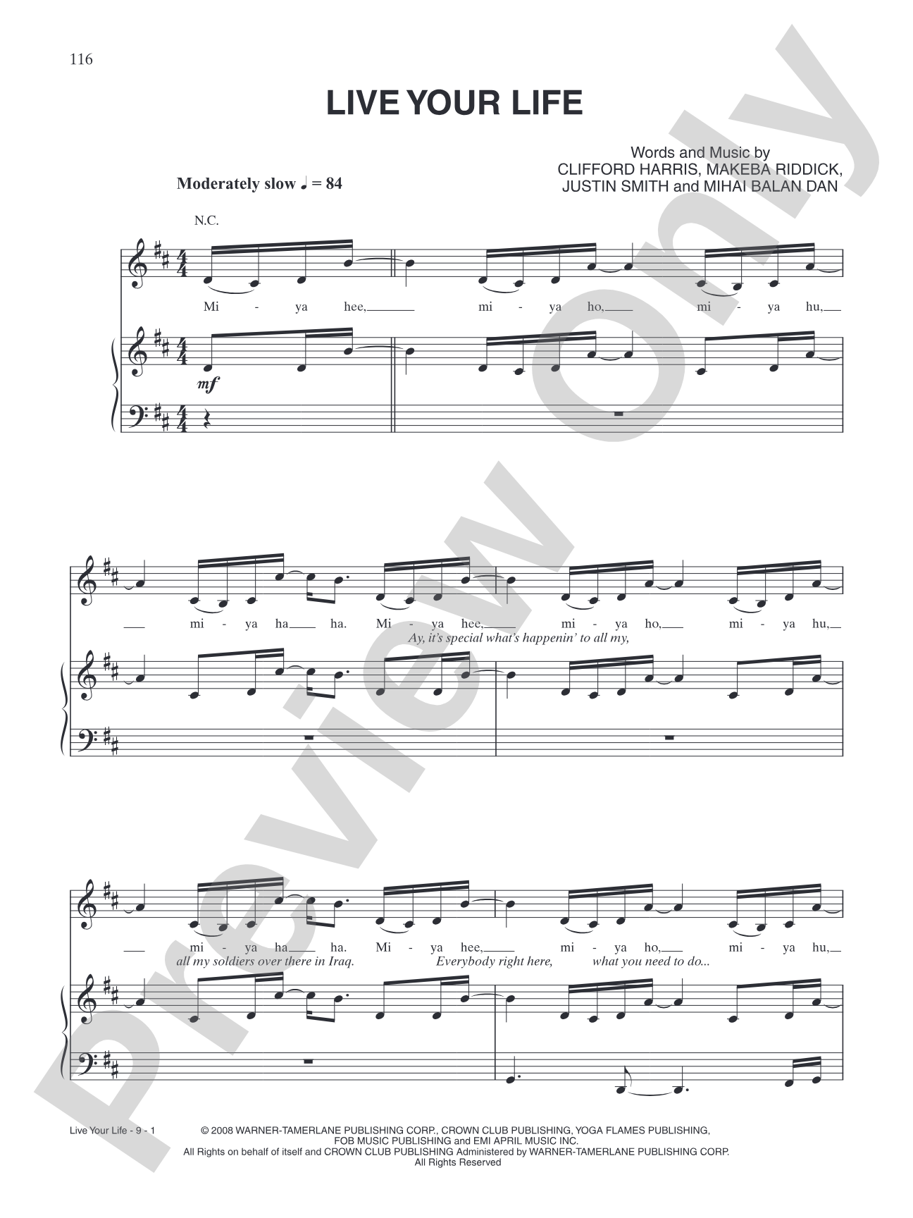 Live Your Life: Piano/Vocal/Chords