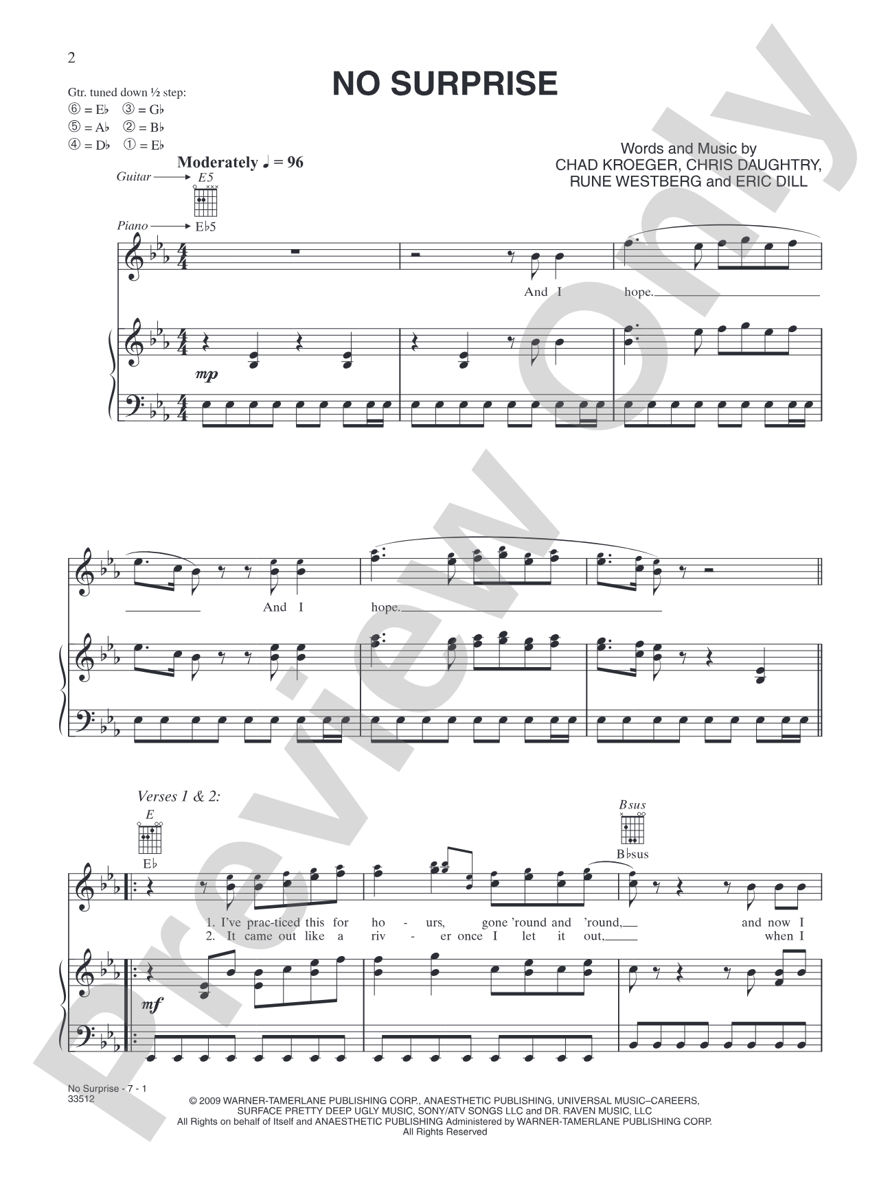 No Surprise: Piano/Vocal/Chords