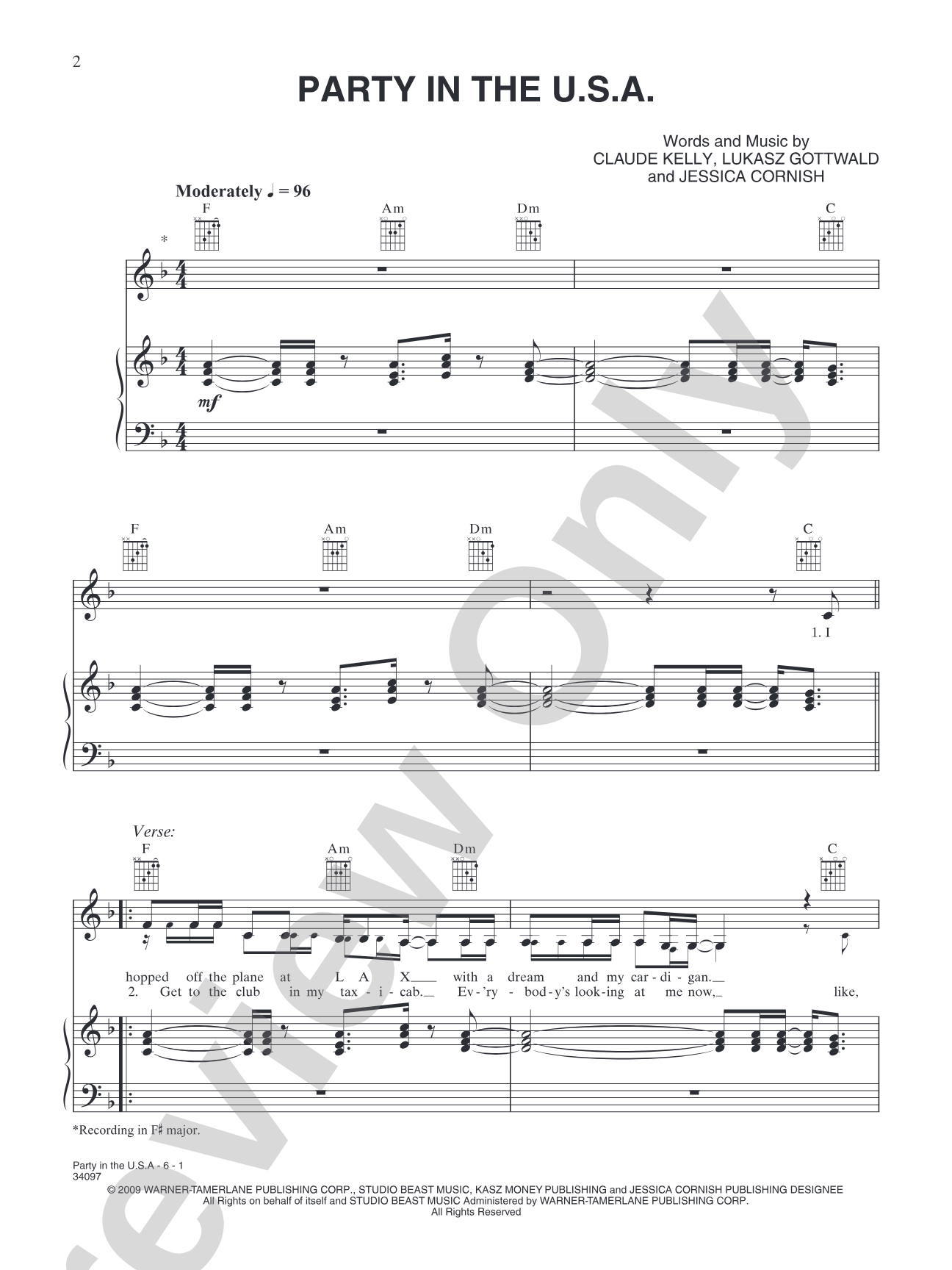 Party in the U.S.A.: Piano/Vocal/Chords