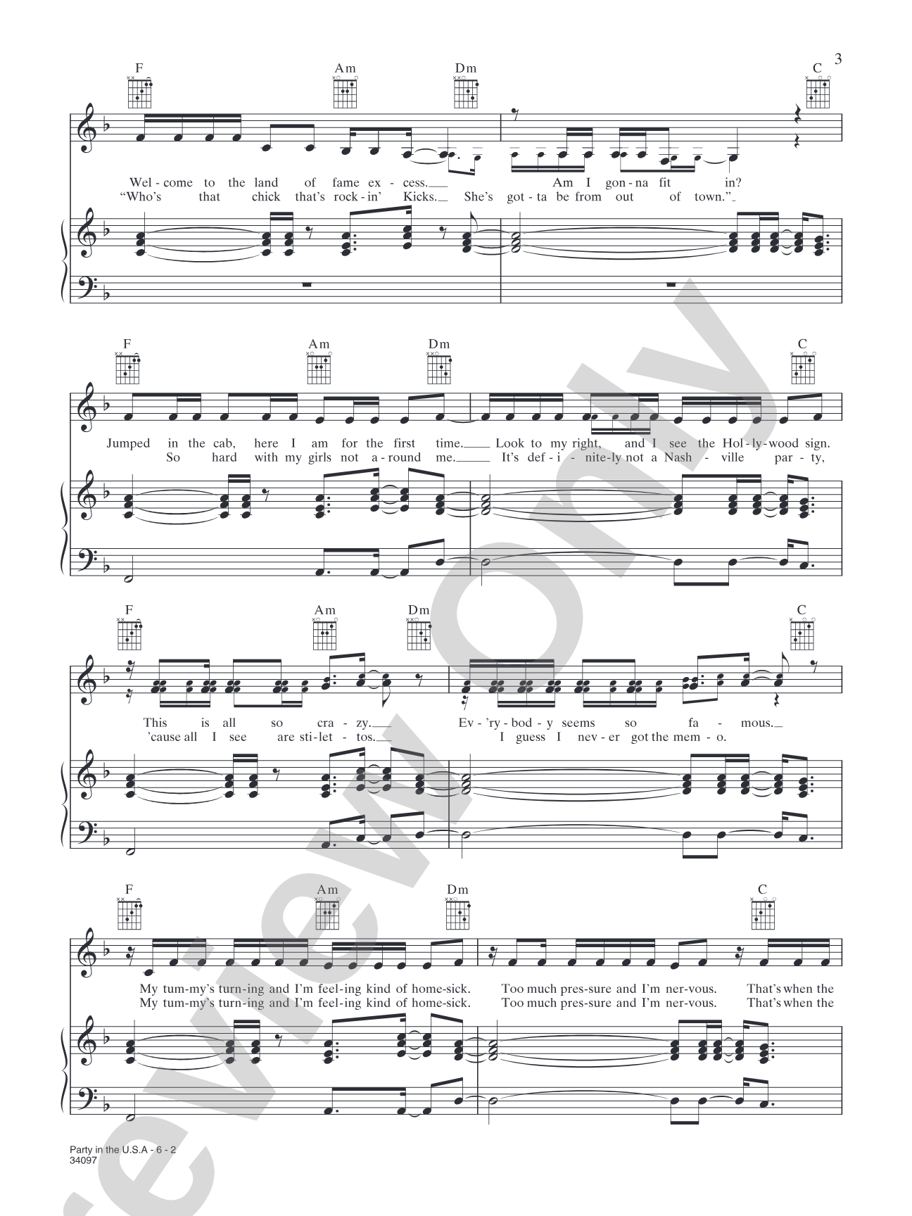 Party in the U.S.A.: Piano/Vocal/Chords