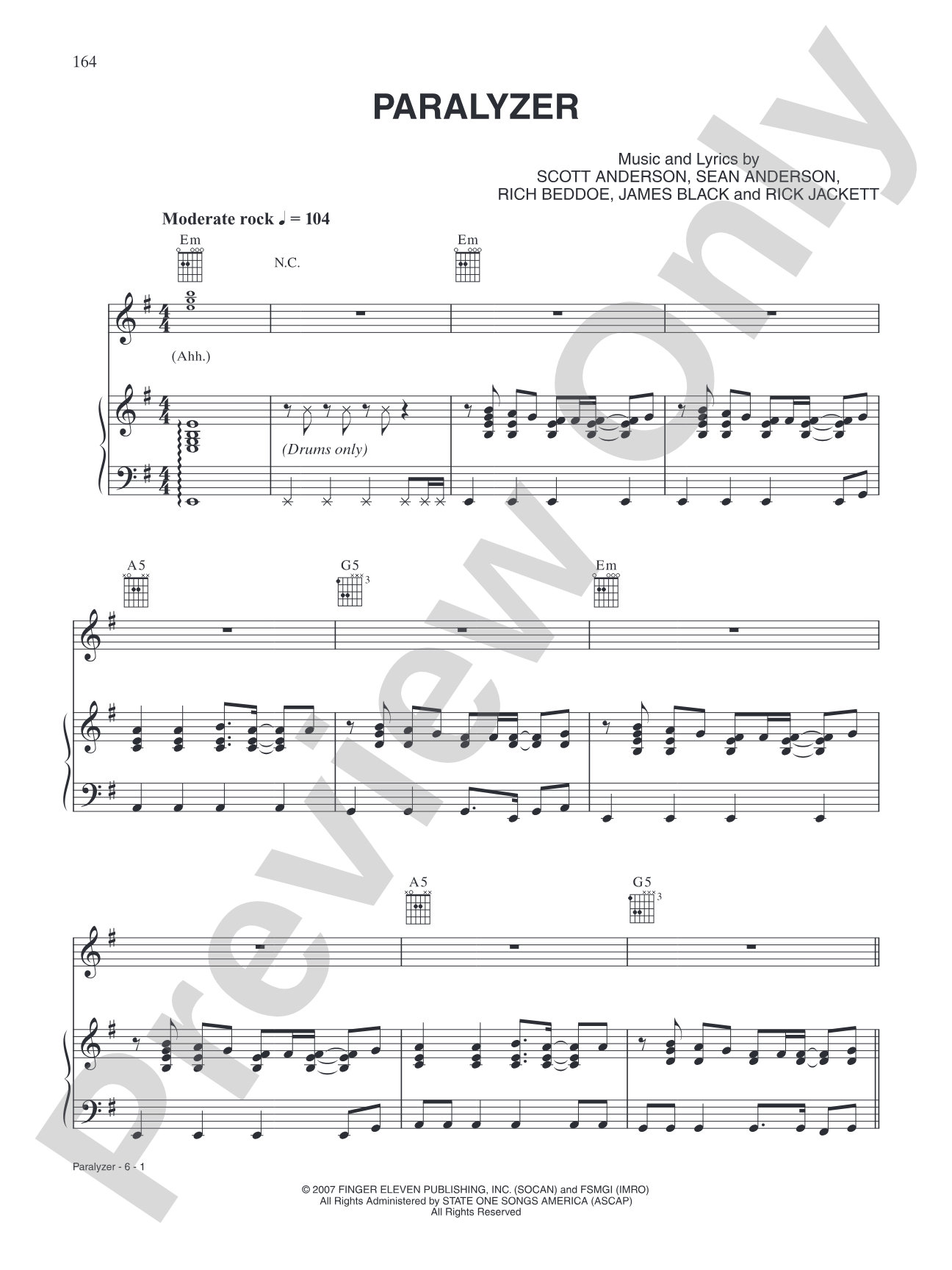 Paralyzer: Piano/Vocal/Chords